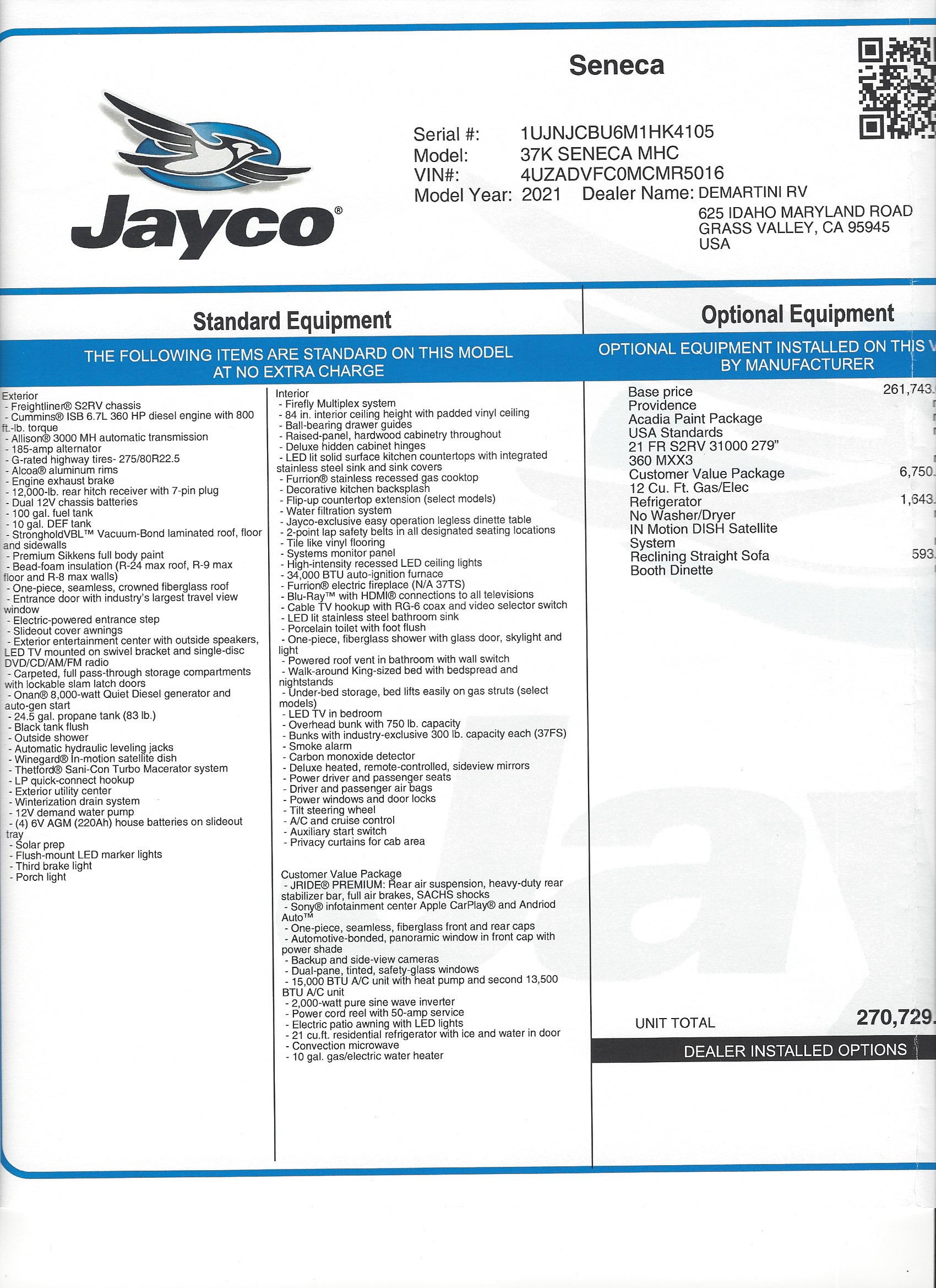 2021 Jayco Seneca 37K MSRP Sheet