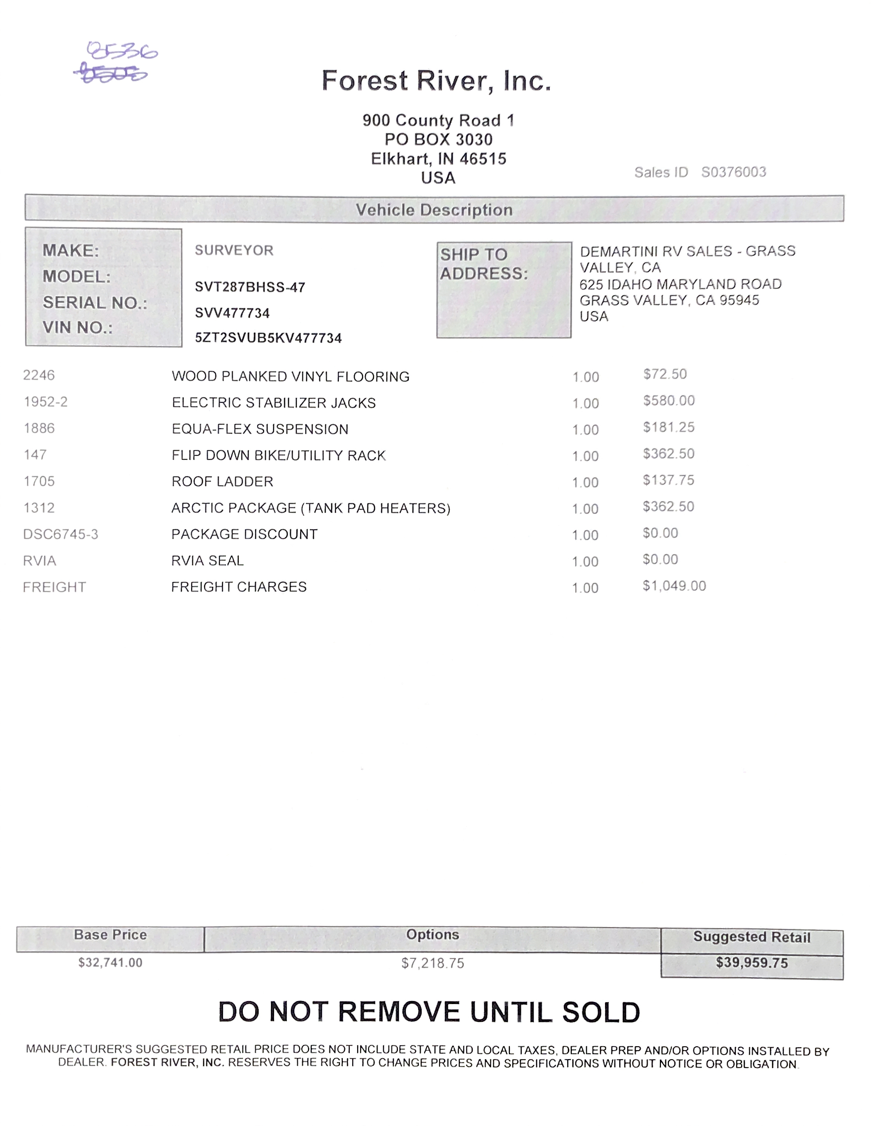2019 Forest River Surveyor 287BH MSRP Sheet