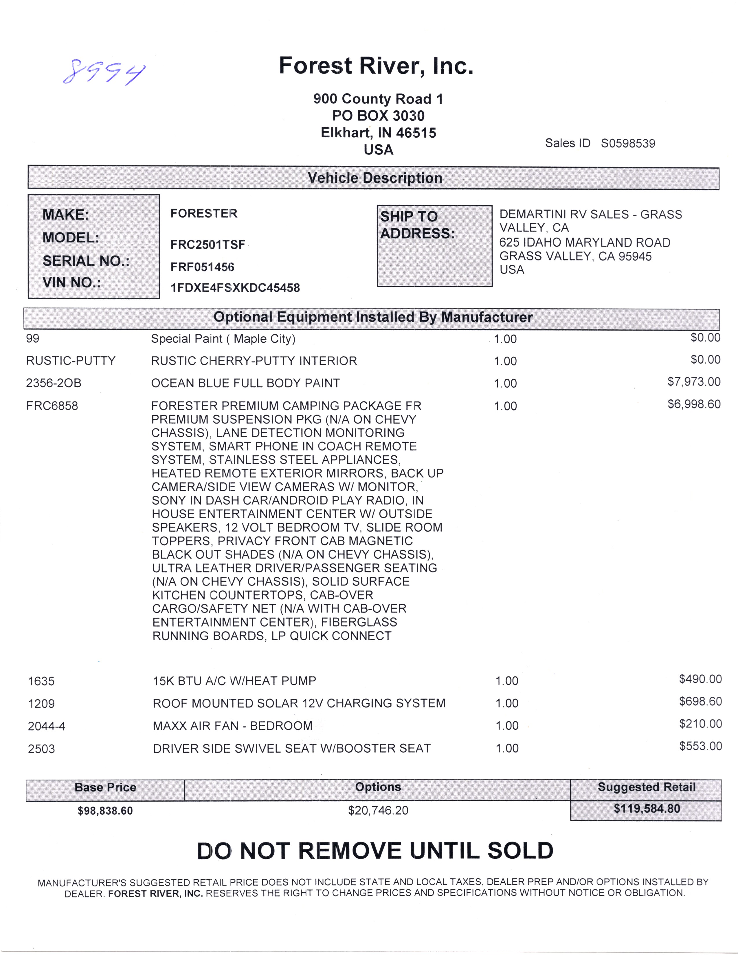 2020 Forest River Forester 2501TS MSRP Sheet