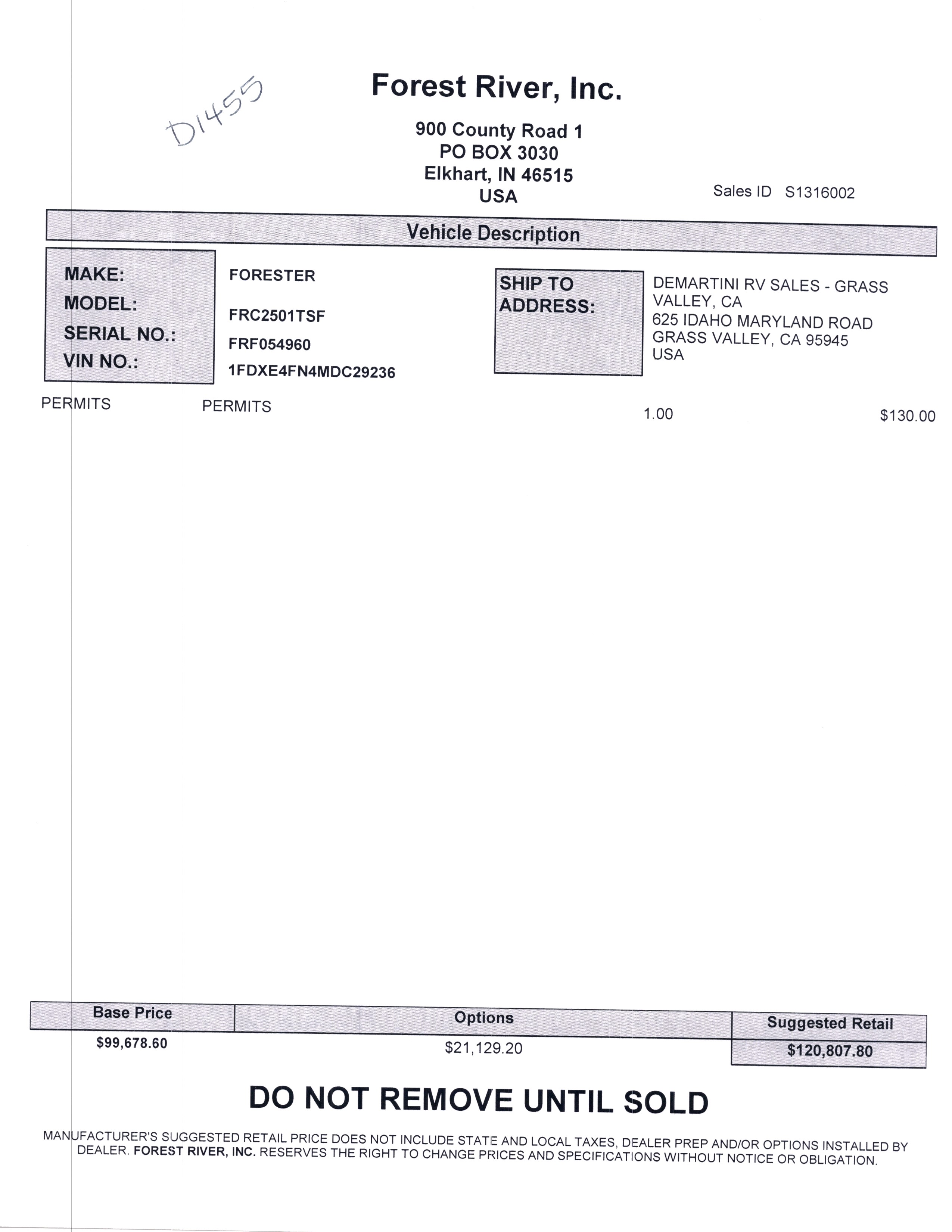 2021 Forest River Forester Classic 2501TS MSRP Sheet