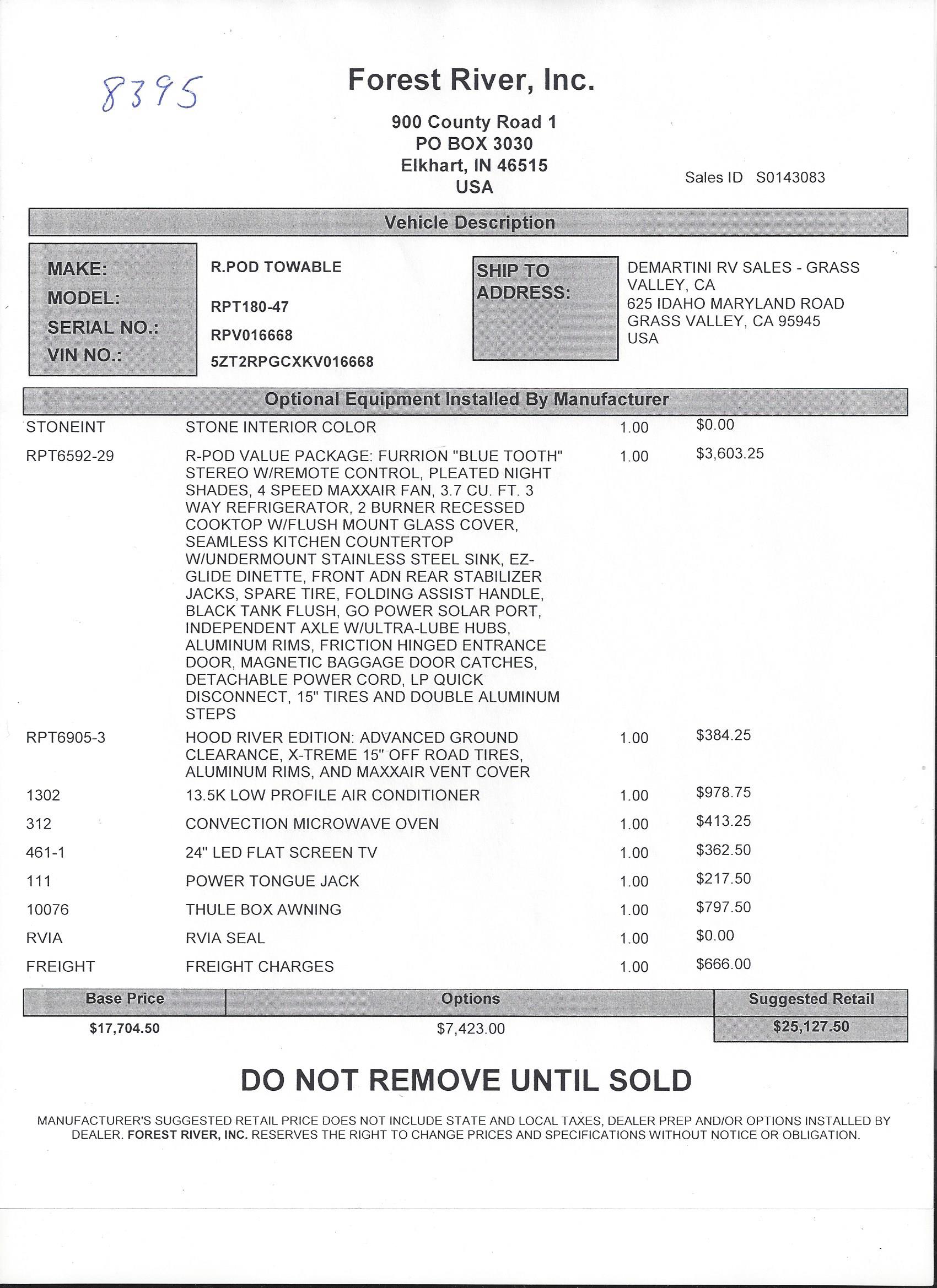 2019 Forest River R-Pod 180 MSRP Sheet