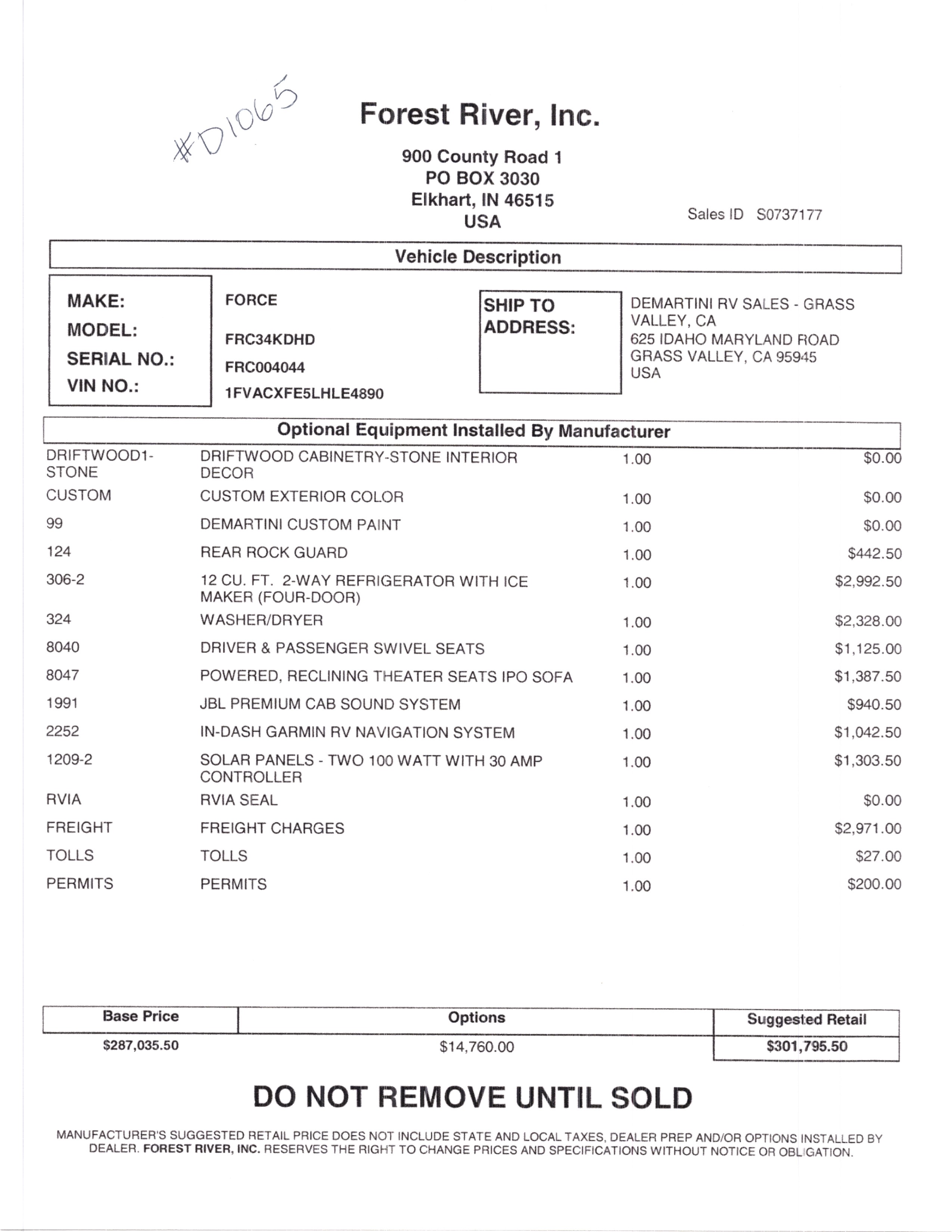 2021 Dynamax Force HD 34KD MSRP Sheet