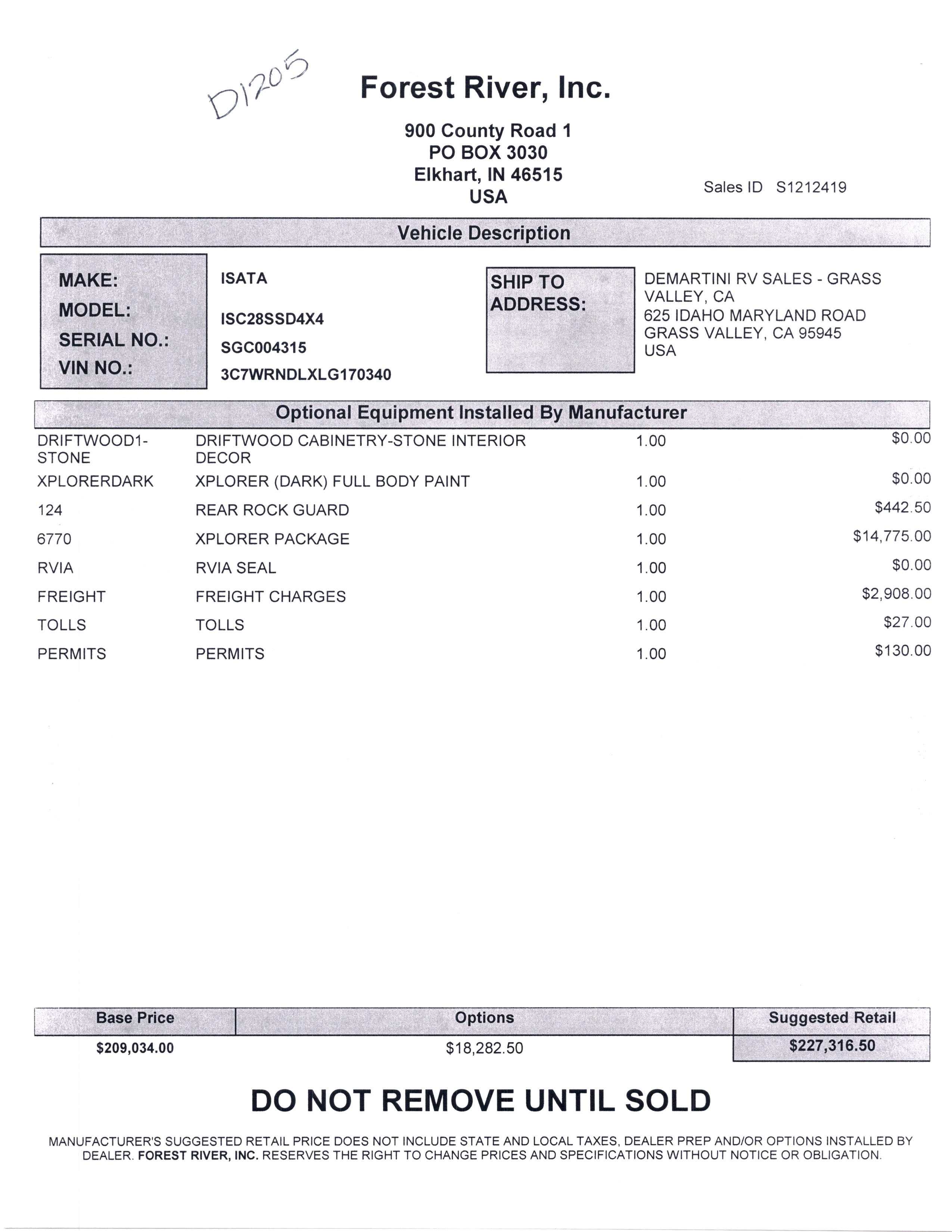 2021 Dynamax Isata 5 4x4 28SS MSRP Sheet