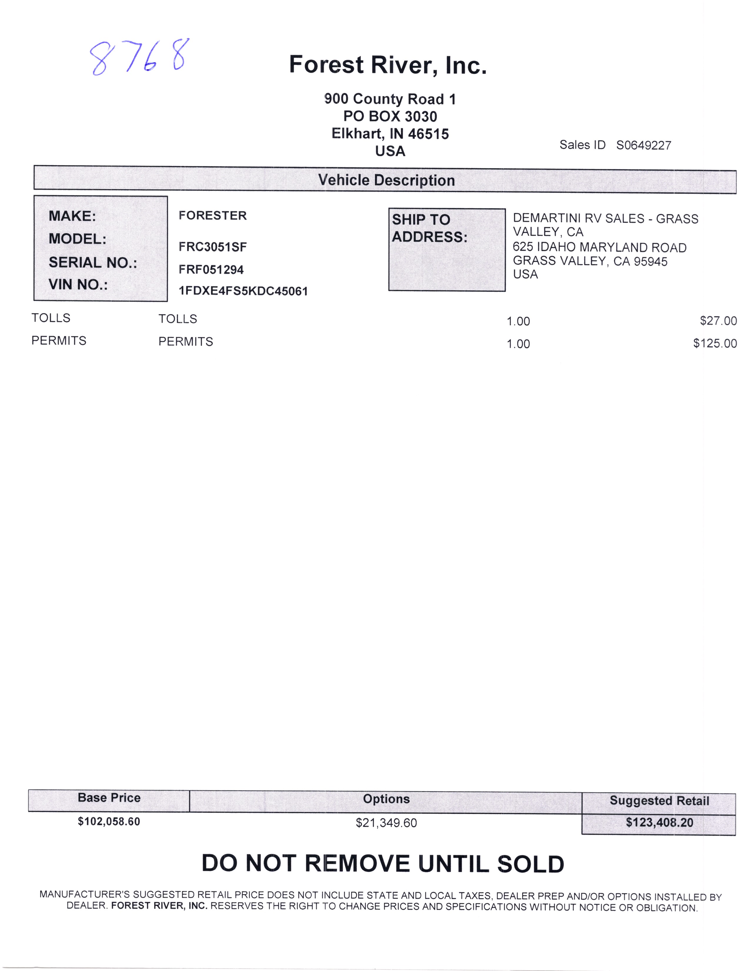 2020 Forest River Forester 3051S MSRP Sheet