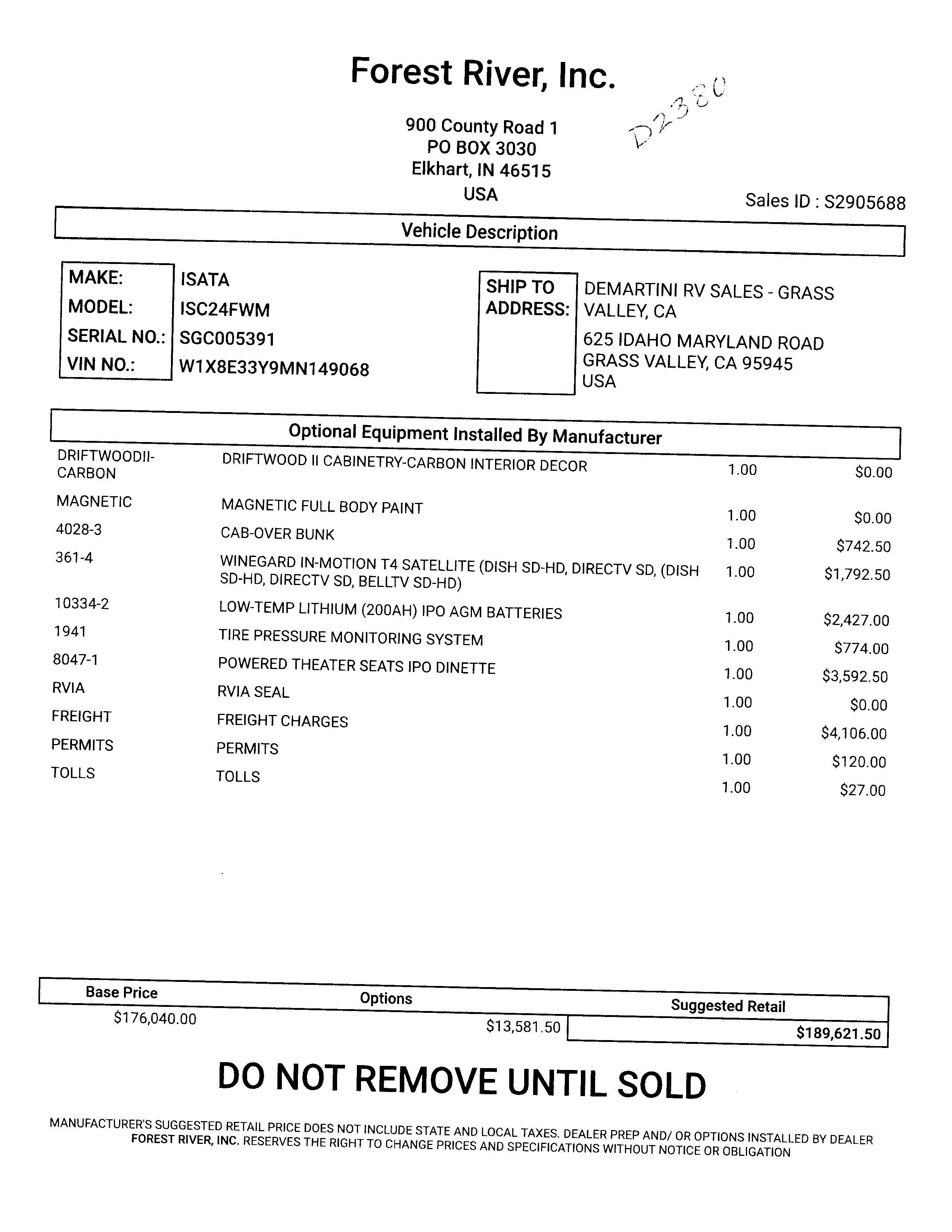 2022 Dynamax Isata 3 24FW MSRP Sheet