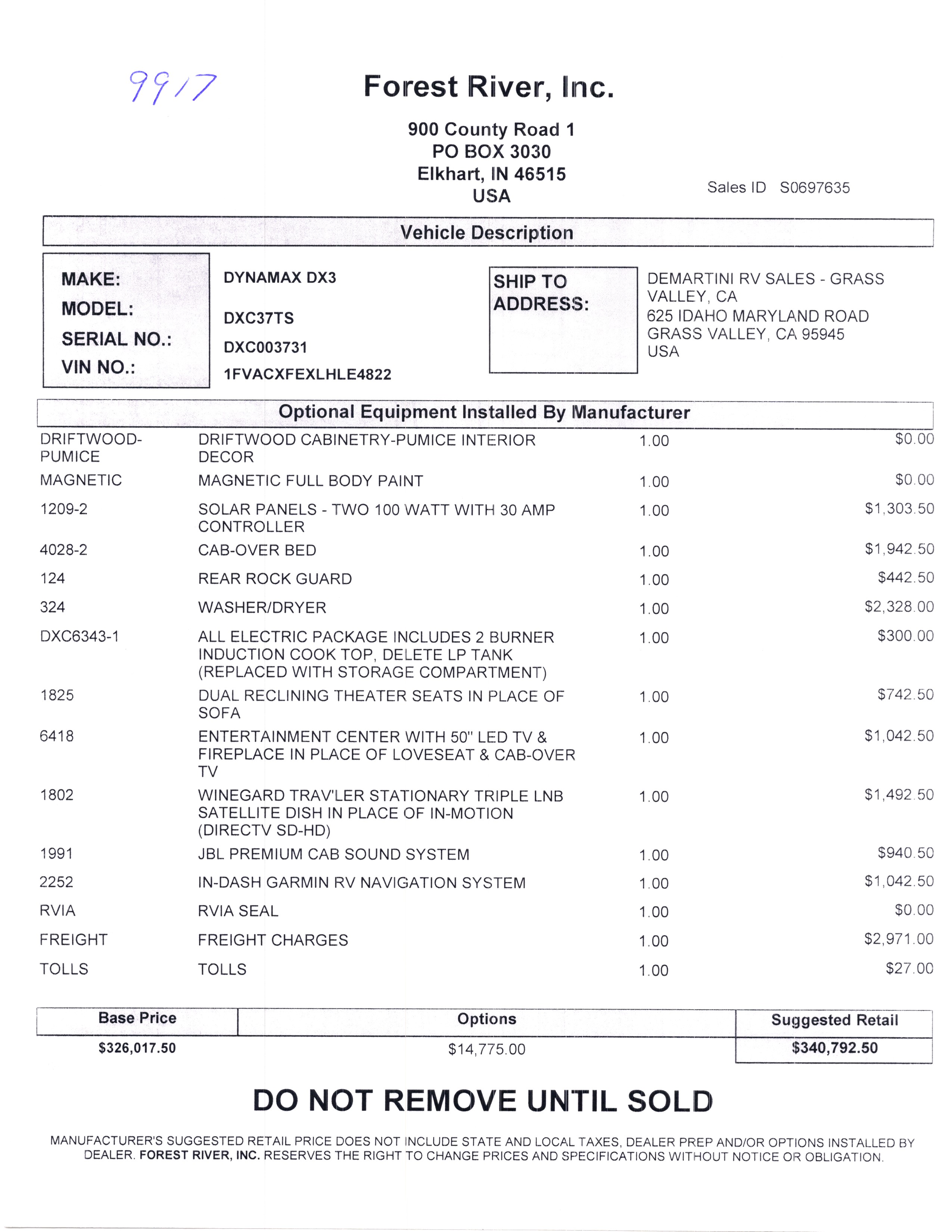 2020 Dynamax DX3 37TS MSRP Sheet