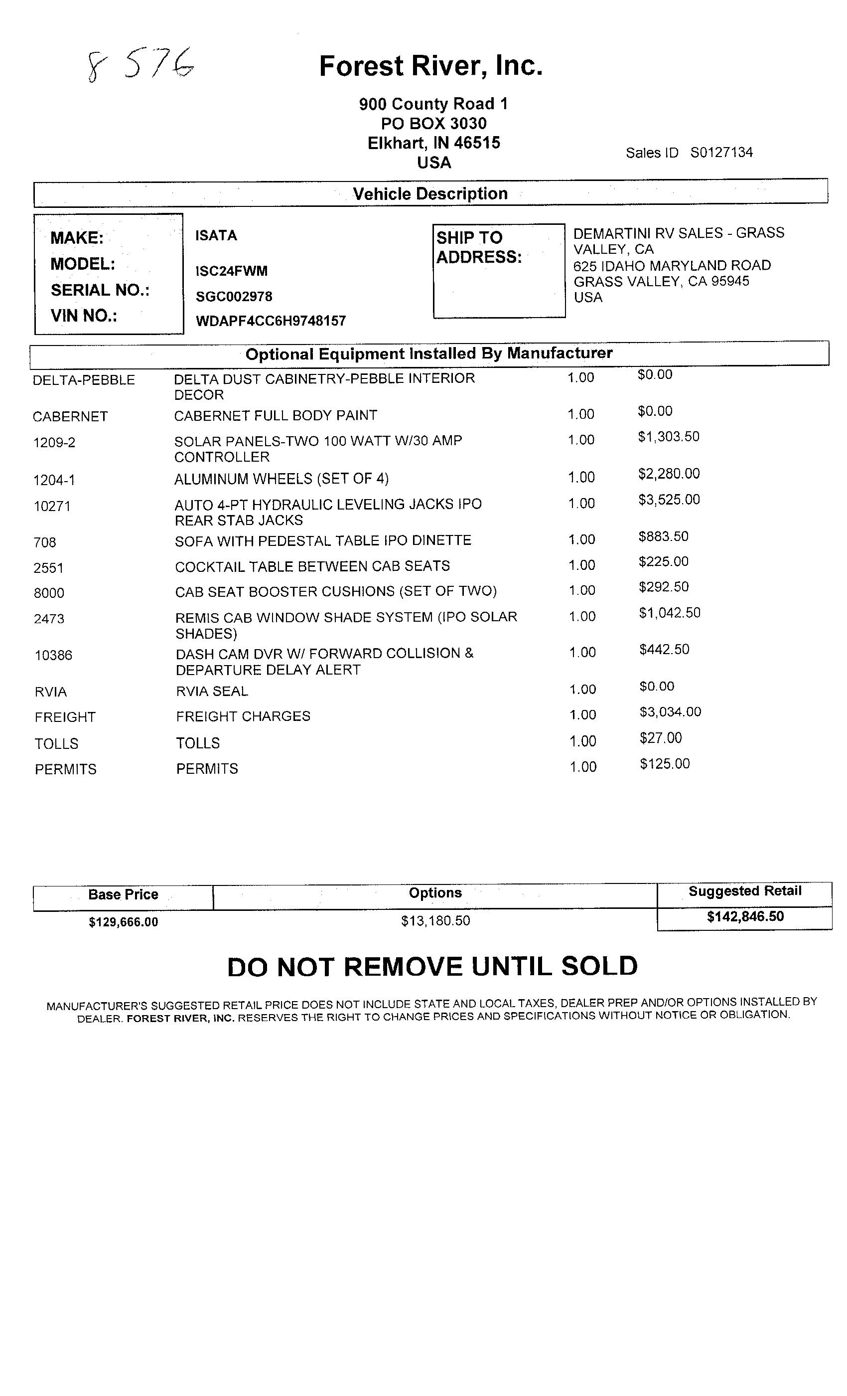 2019 Dynamax Isata 3 24FW MSRP Sheet