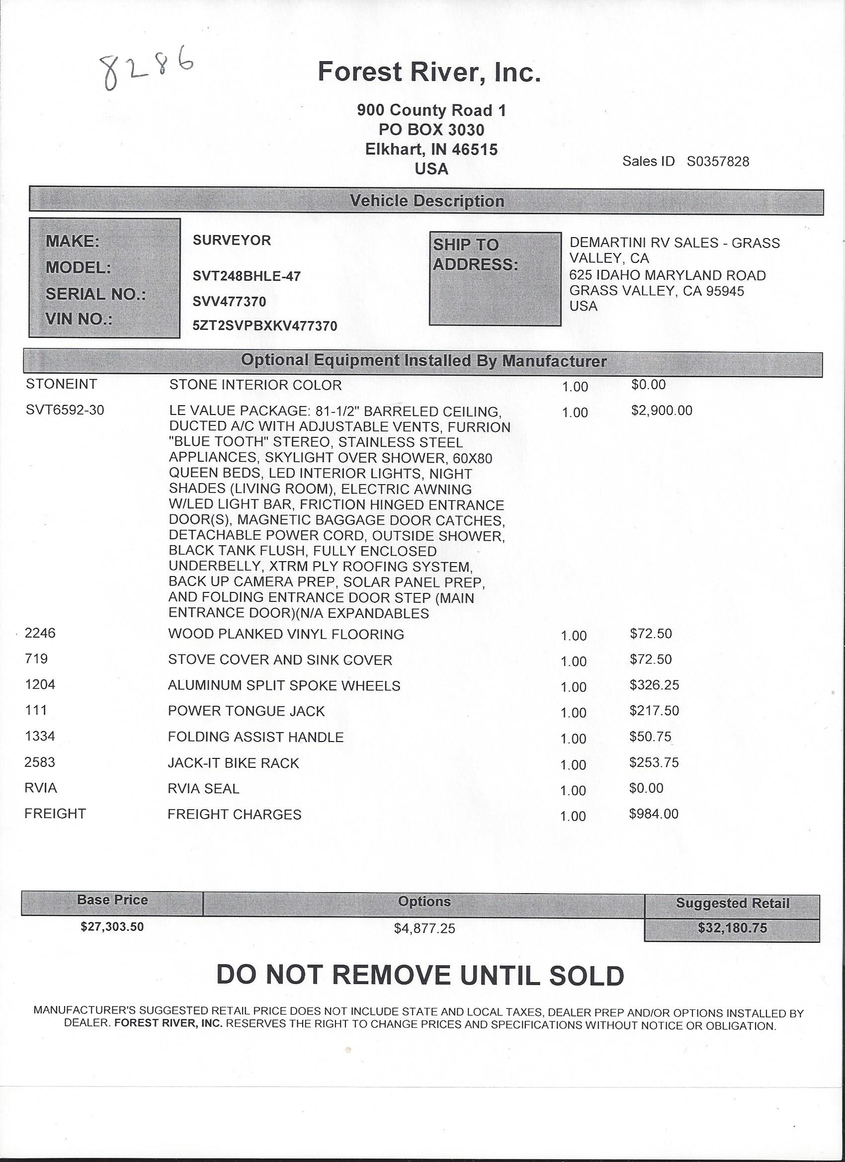 2019 Forest River Surveyor 248BHLE MSRP Sheet