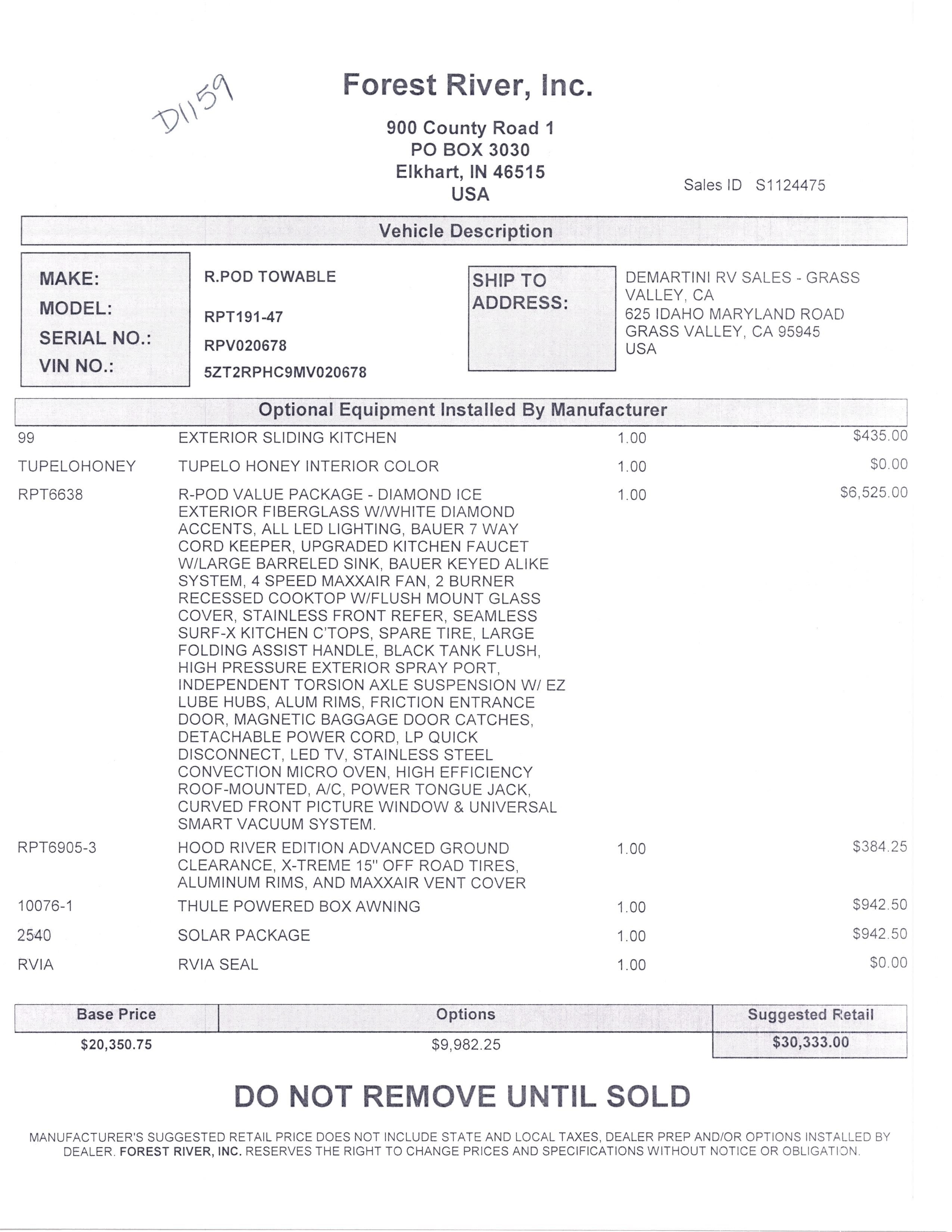 2021 Forest River R-Pod 191 MSRP Sheet