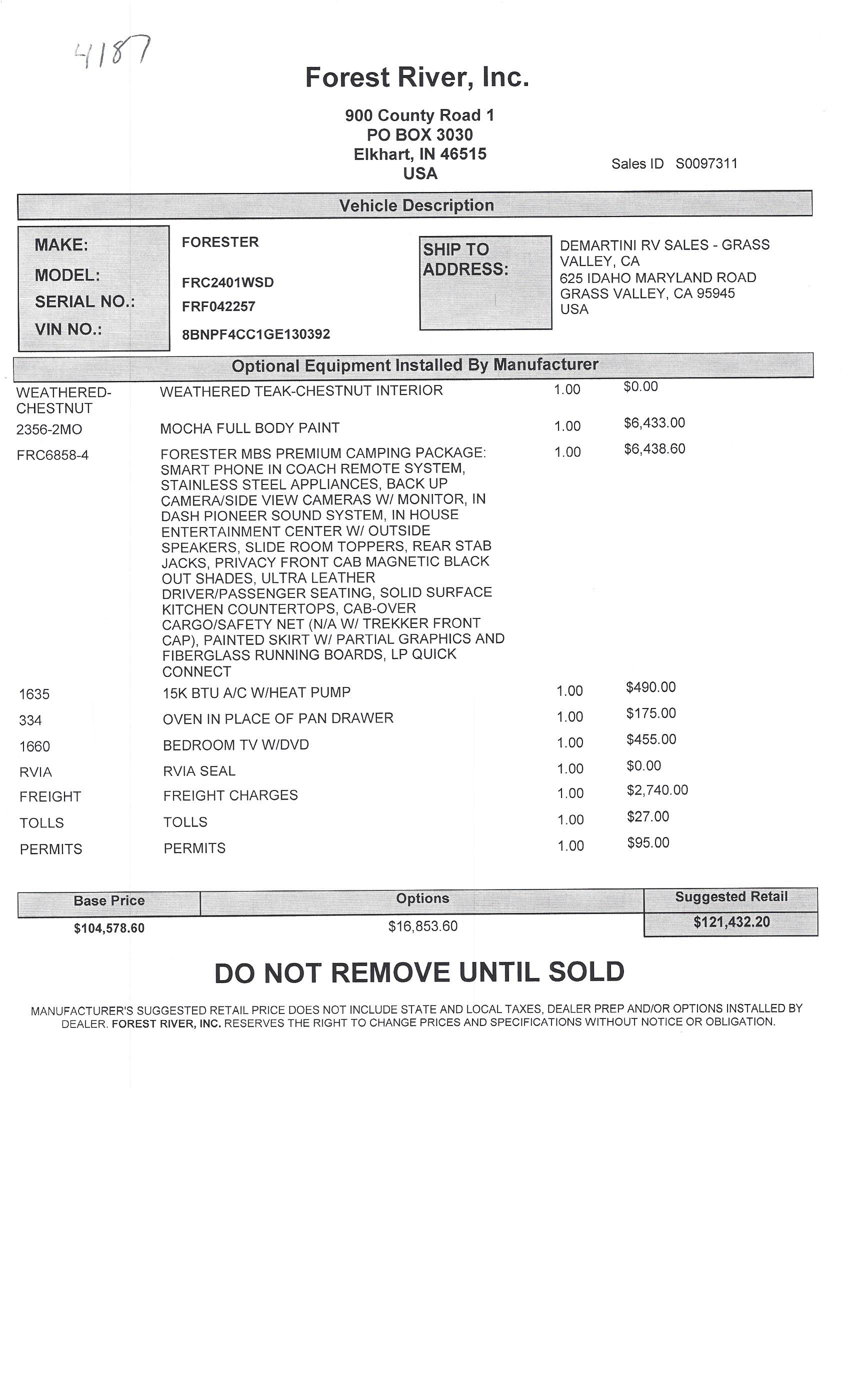 2018 Forest River Forester MBS 2401W MSRP Sheet