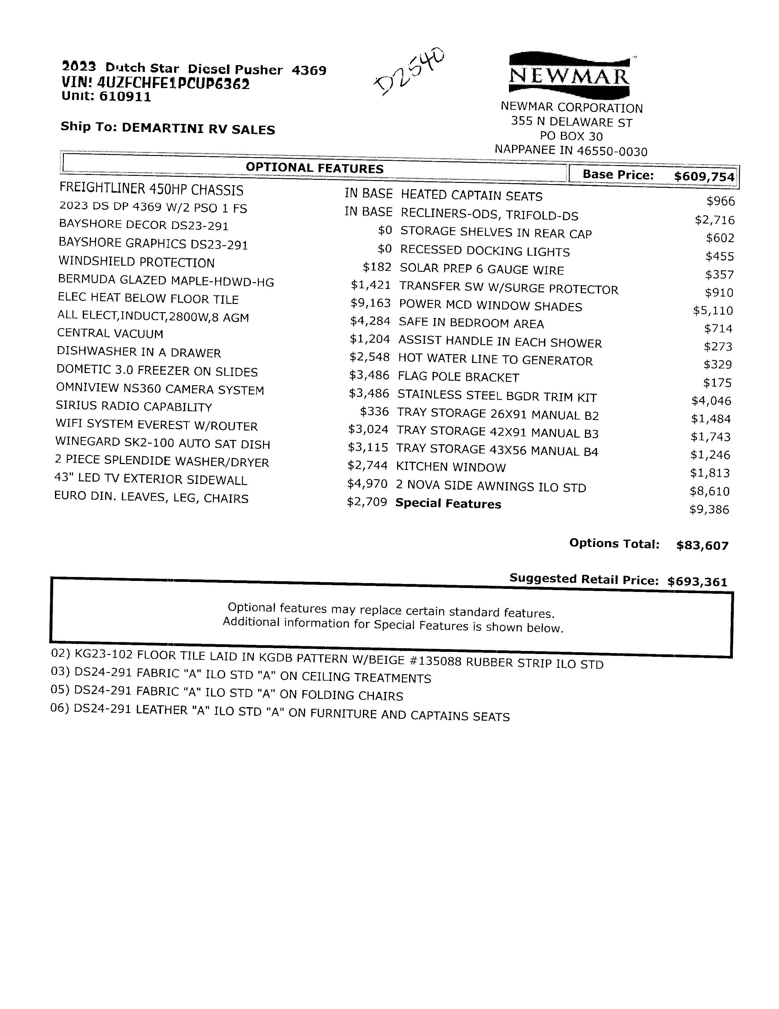 2023 Newmar Dutch Star 4369 MSRP Sheet