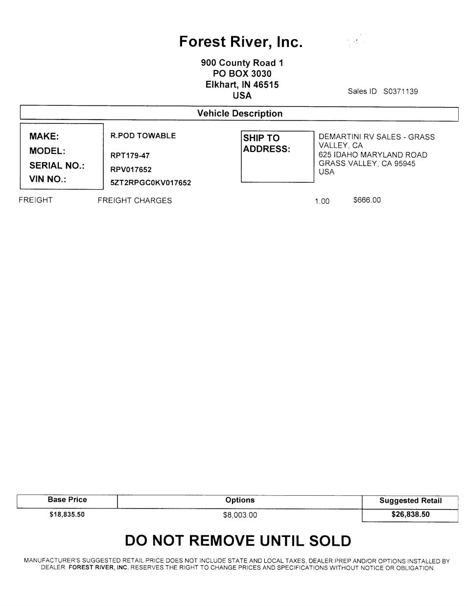 2019 Forest River R-Pod 179 MSRP Sheet