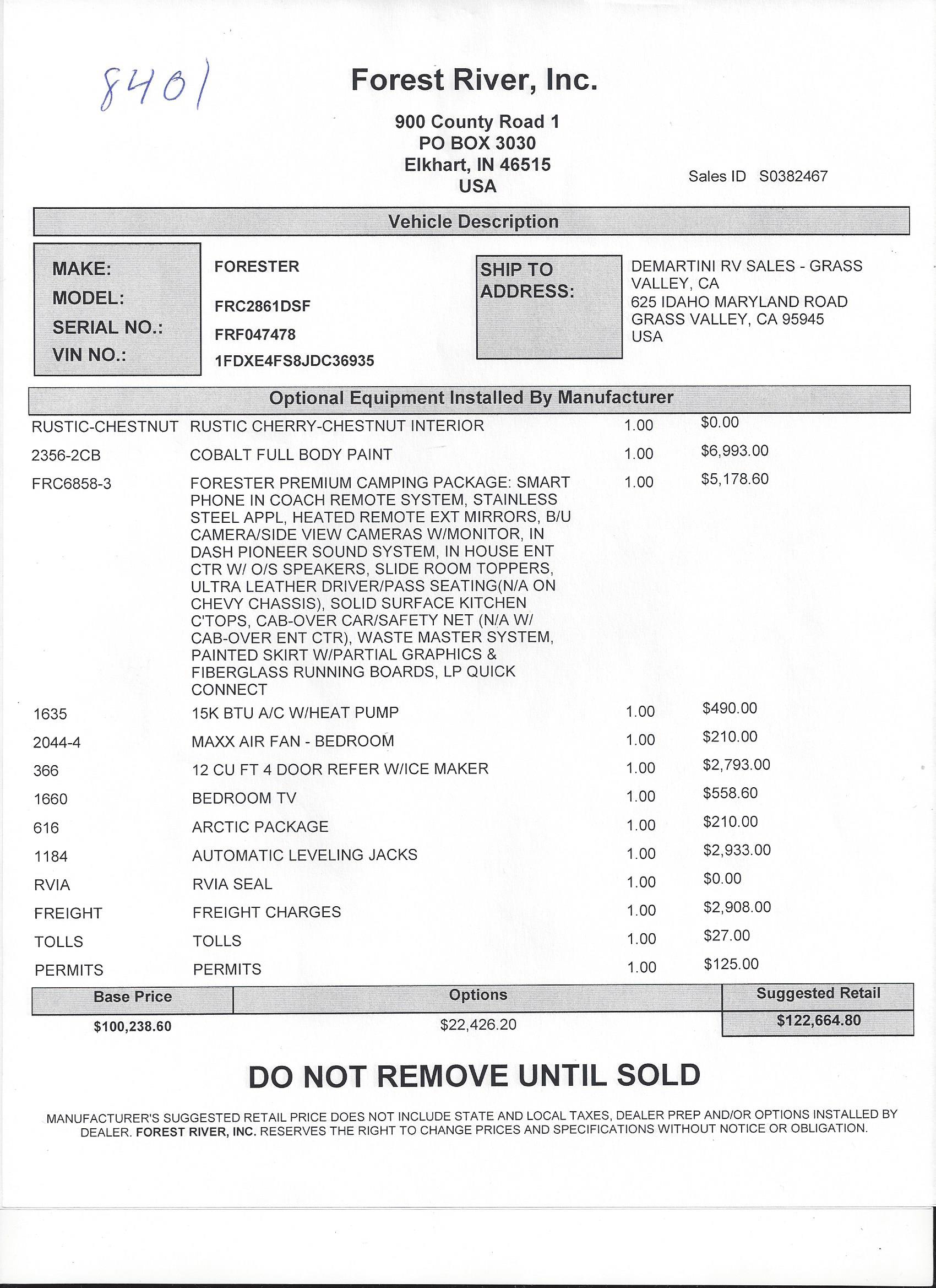 2019 Forest River Forester 2861DS MSRP Sheet