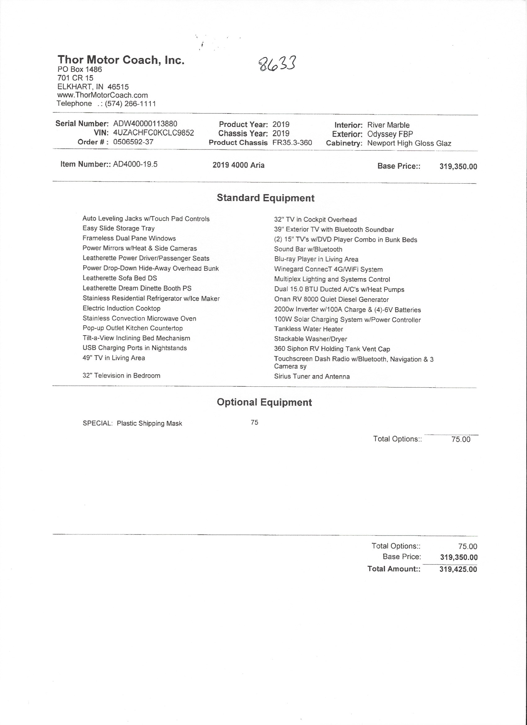 2019 Thor Aria 4000 MSRP Sheet