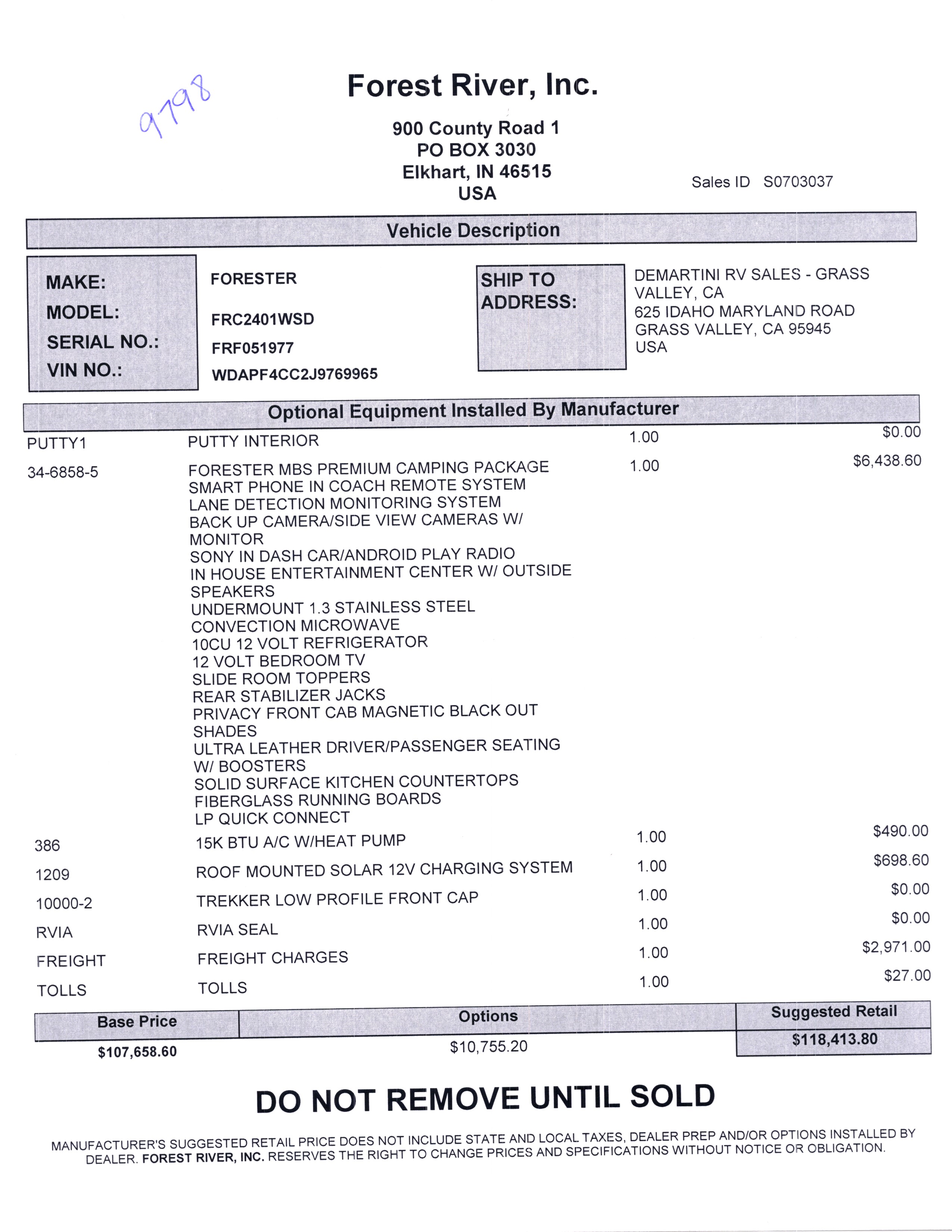 2020 Forest River Forester MBS 2401W MSRP Sheet