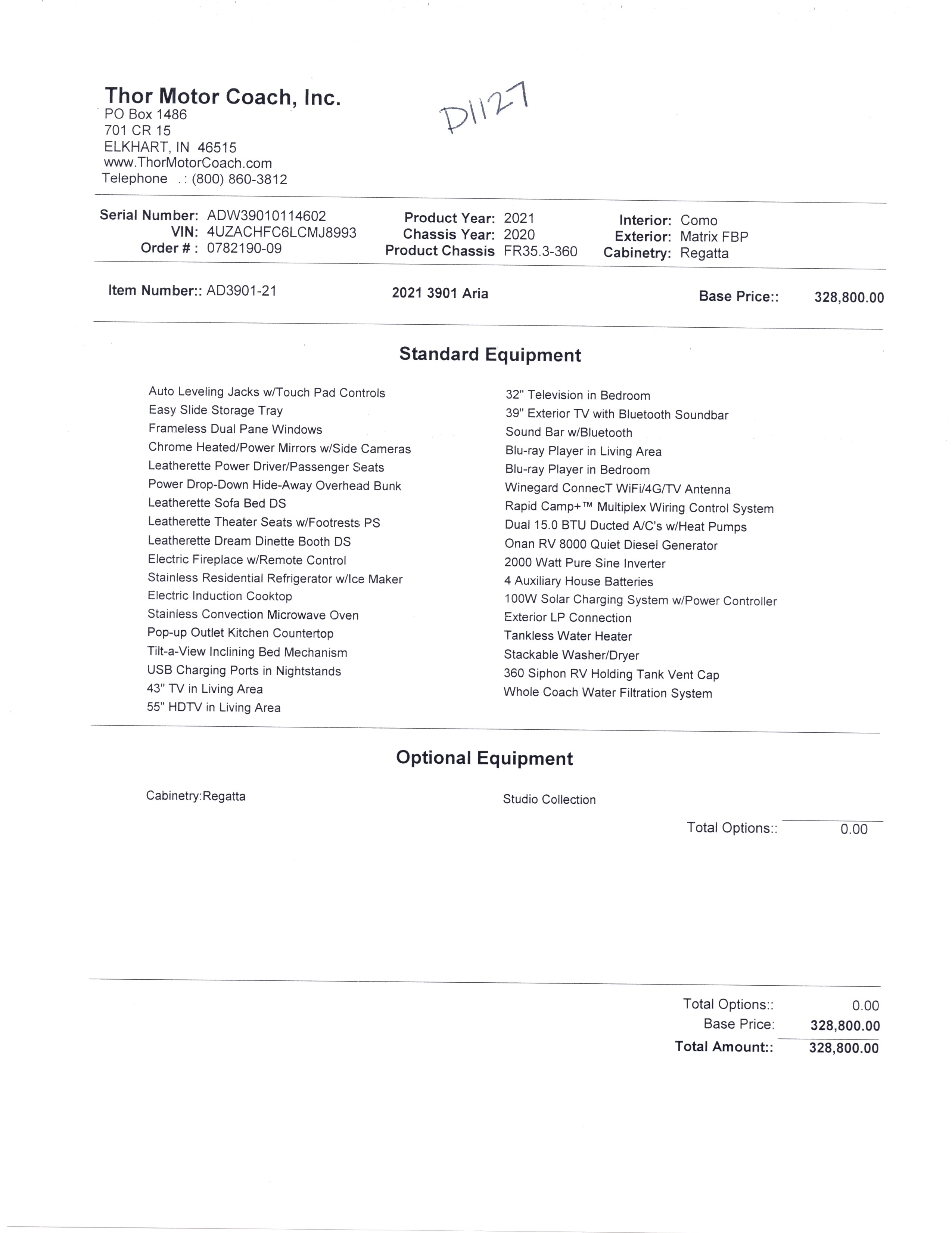 2021 Thor Aria 3901 MSRP Sheet