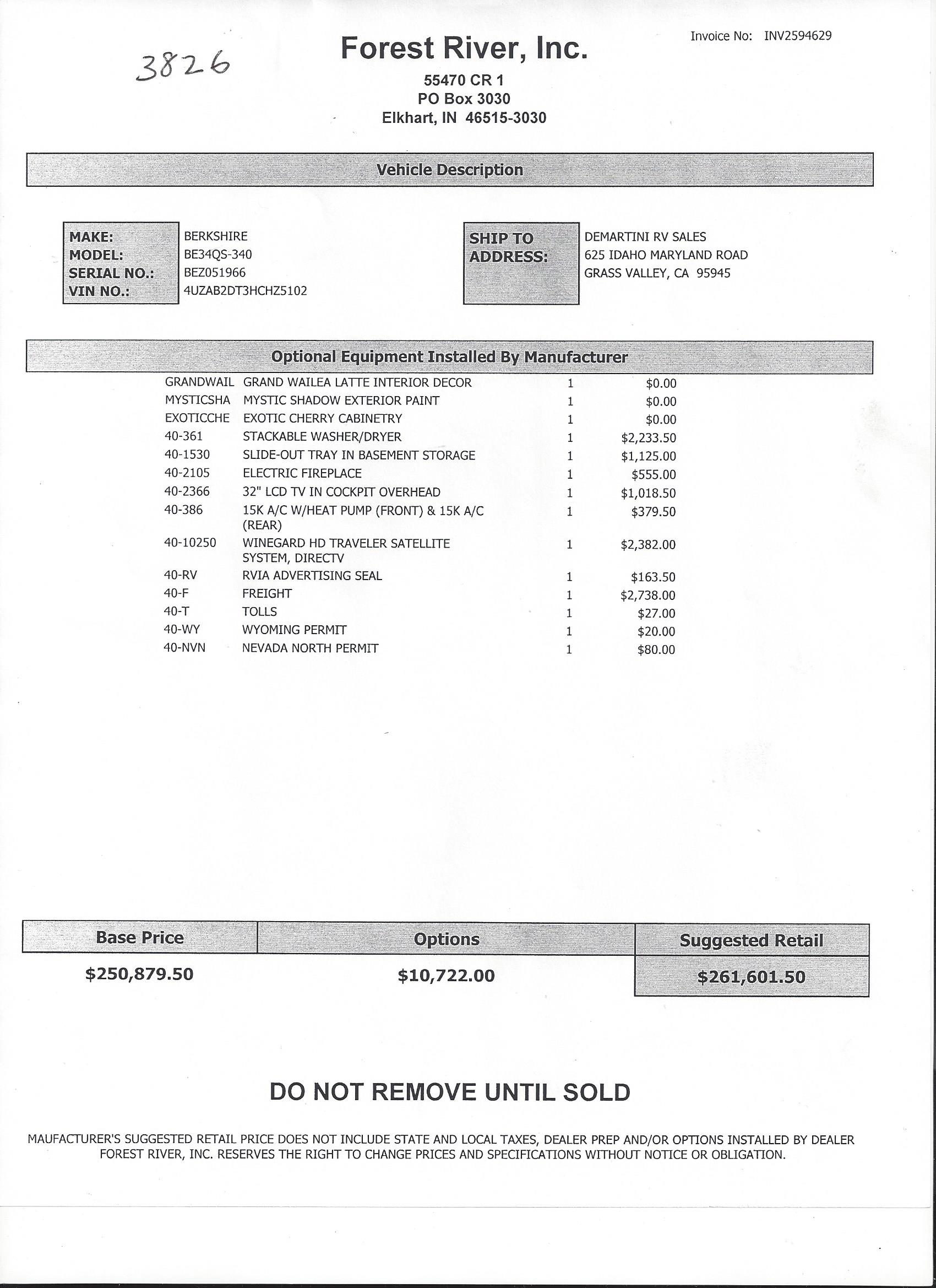 2017 Forest River Berkshire 34QS MSRP Sheet