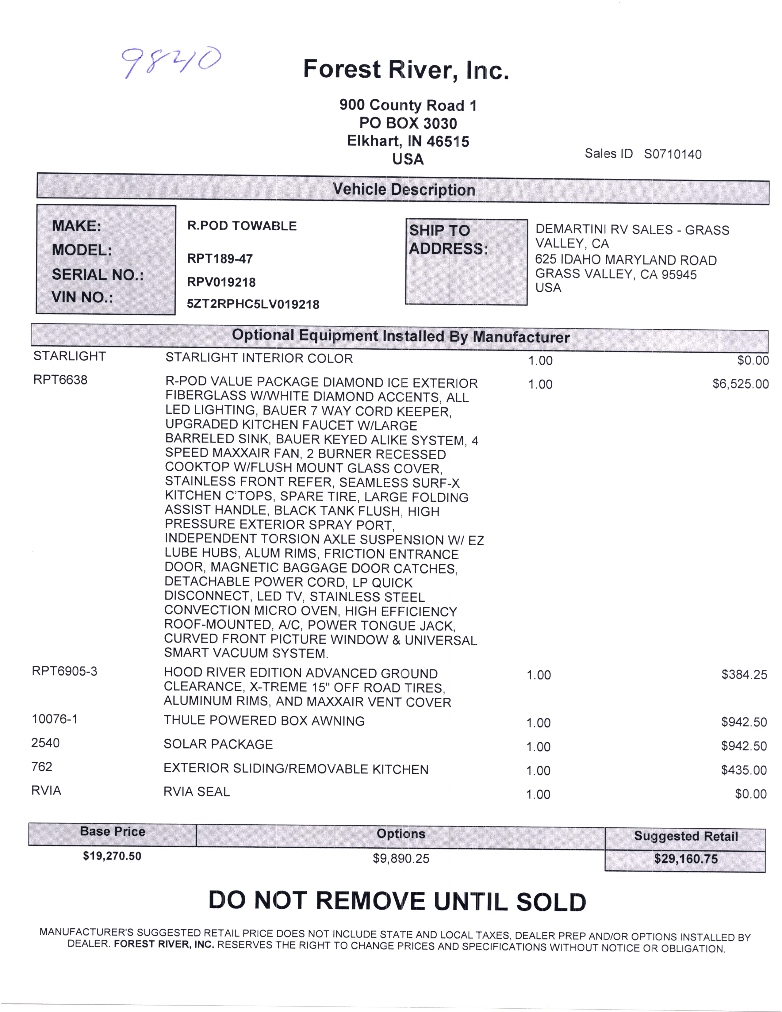 2020 Forest River R-Pod 189 MSRP Sheet