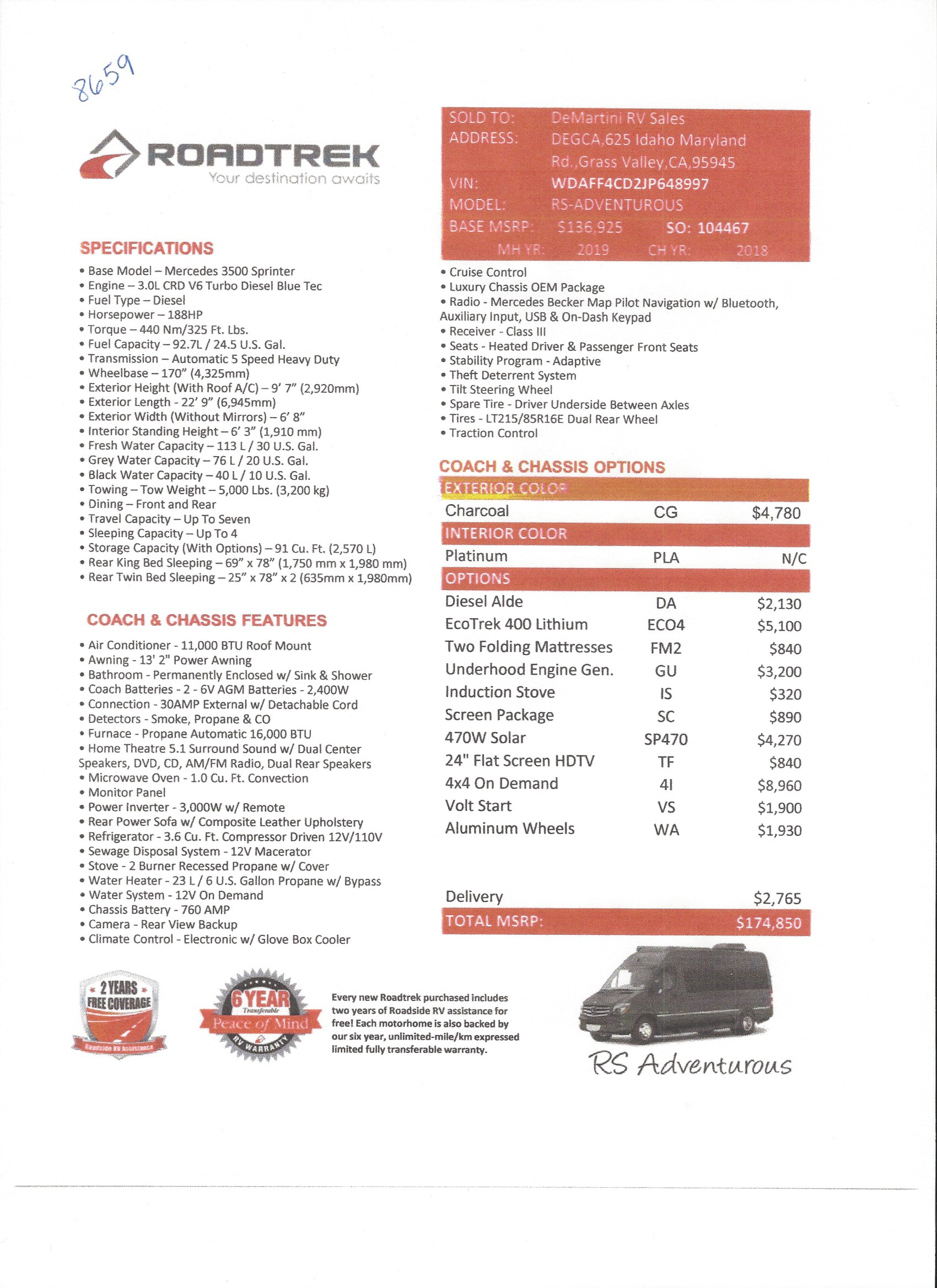 2019 Roadtrek RS Adventurous 4x4 MSRP Sheet
