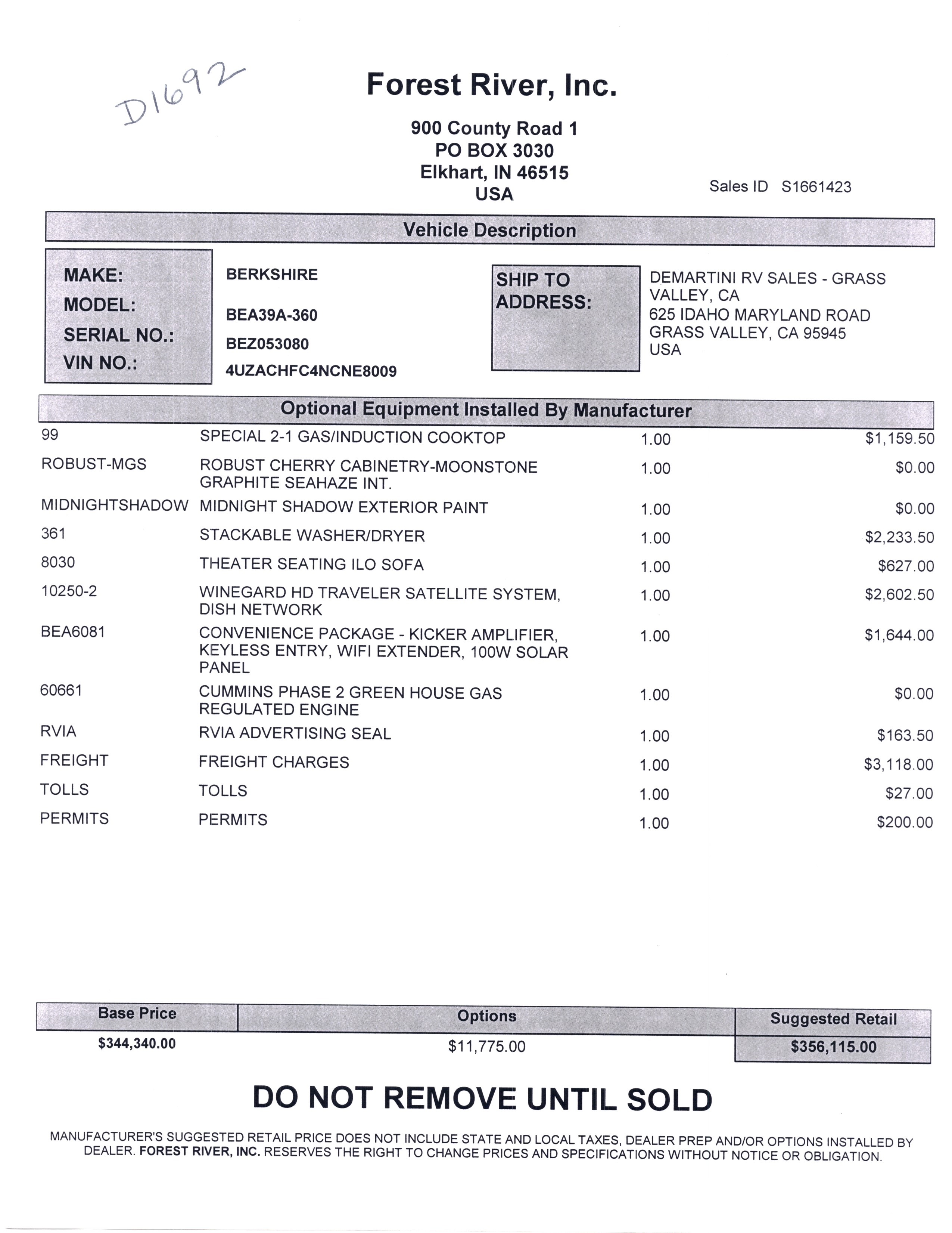 2021 Forest River Berkshire 39A MSRP Sheet