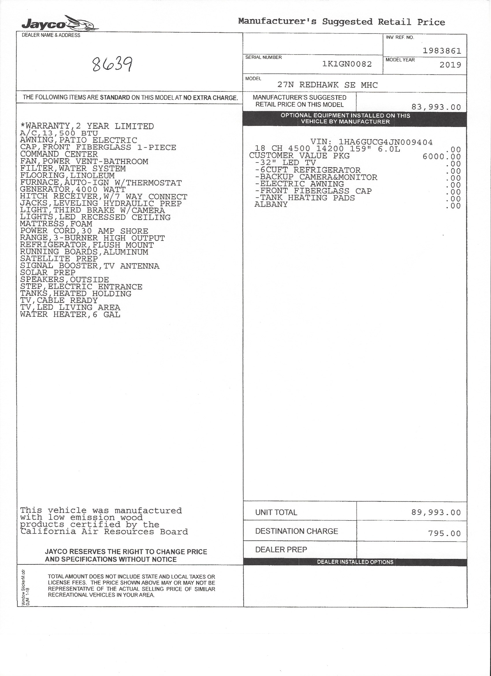 2019 Jayco Redhawk SE 27N MSRP Sheet