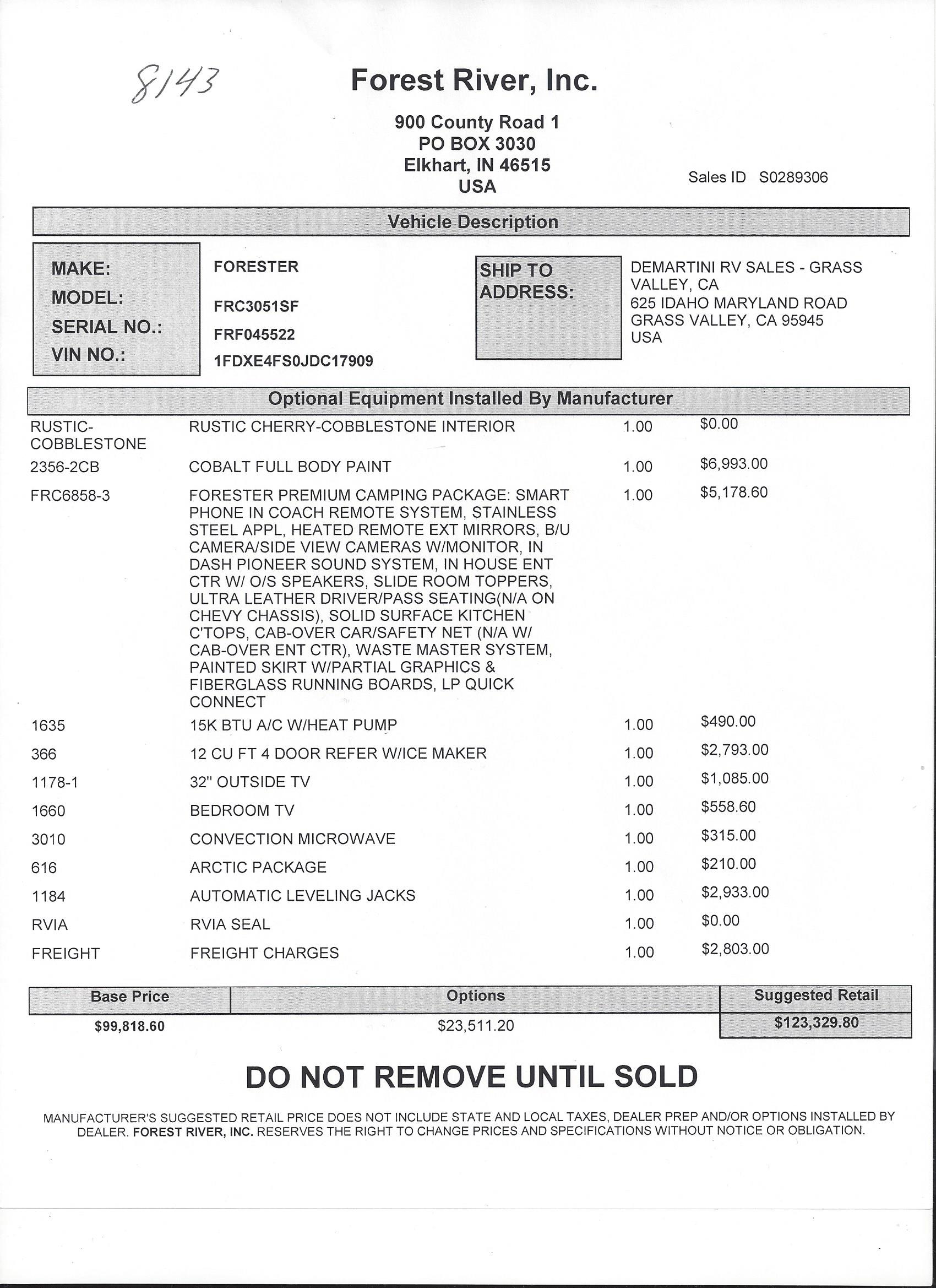 2018 Forest River Forester 3051S MSRP Sheet