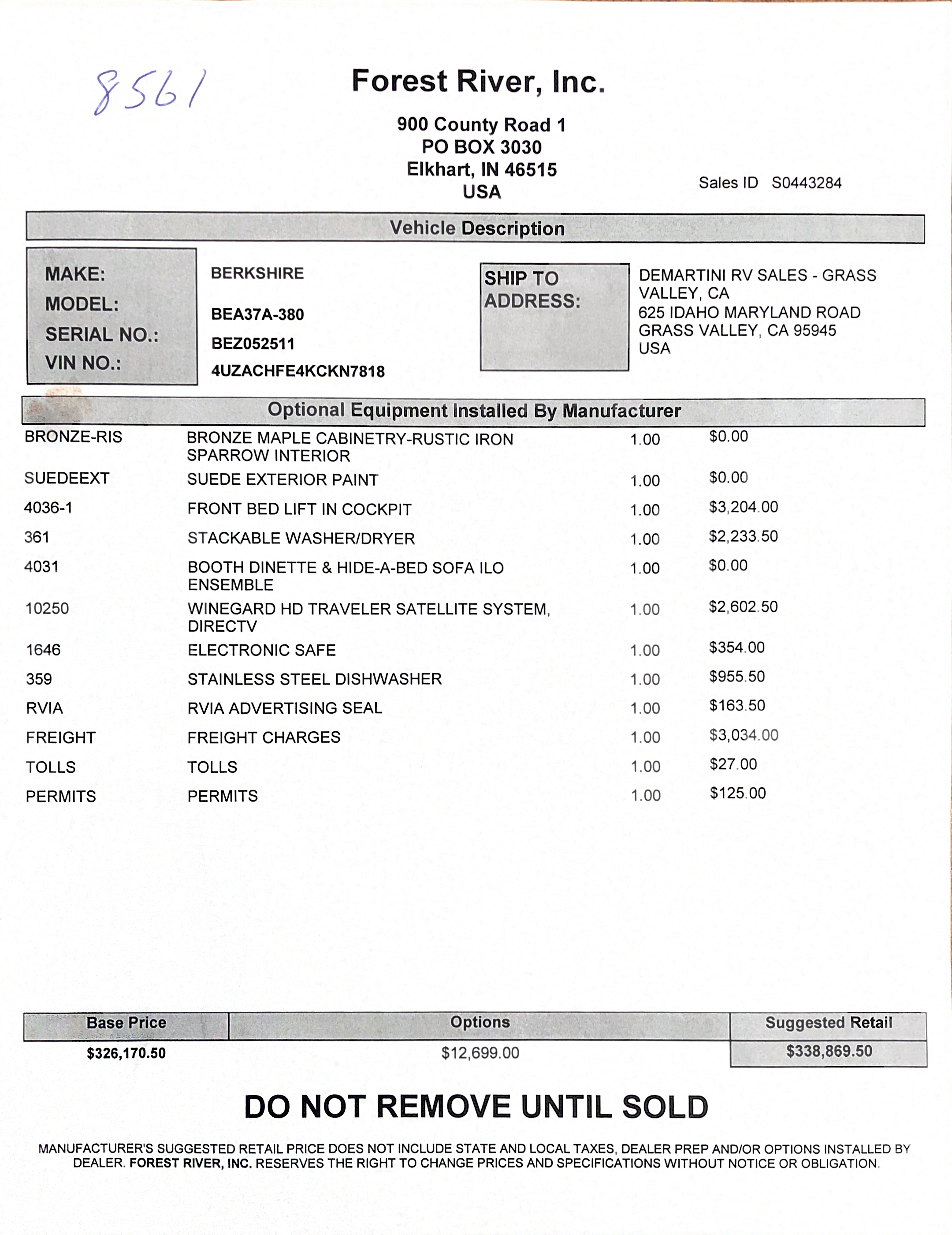 2019 Forest River Berkshire XL 37A MSRP Sheet