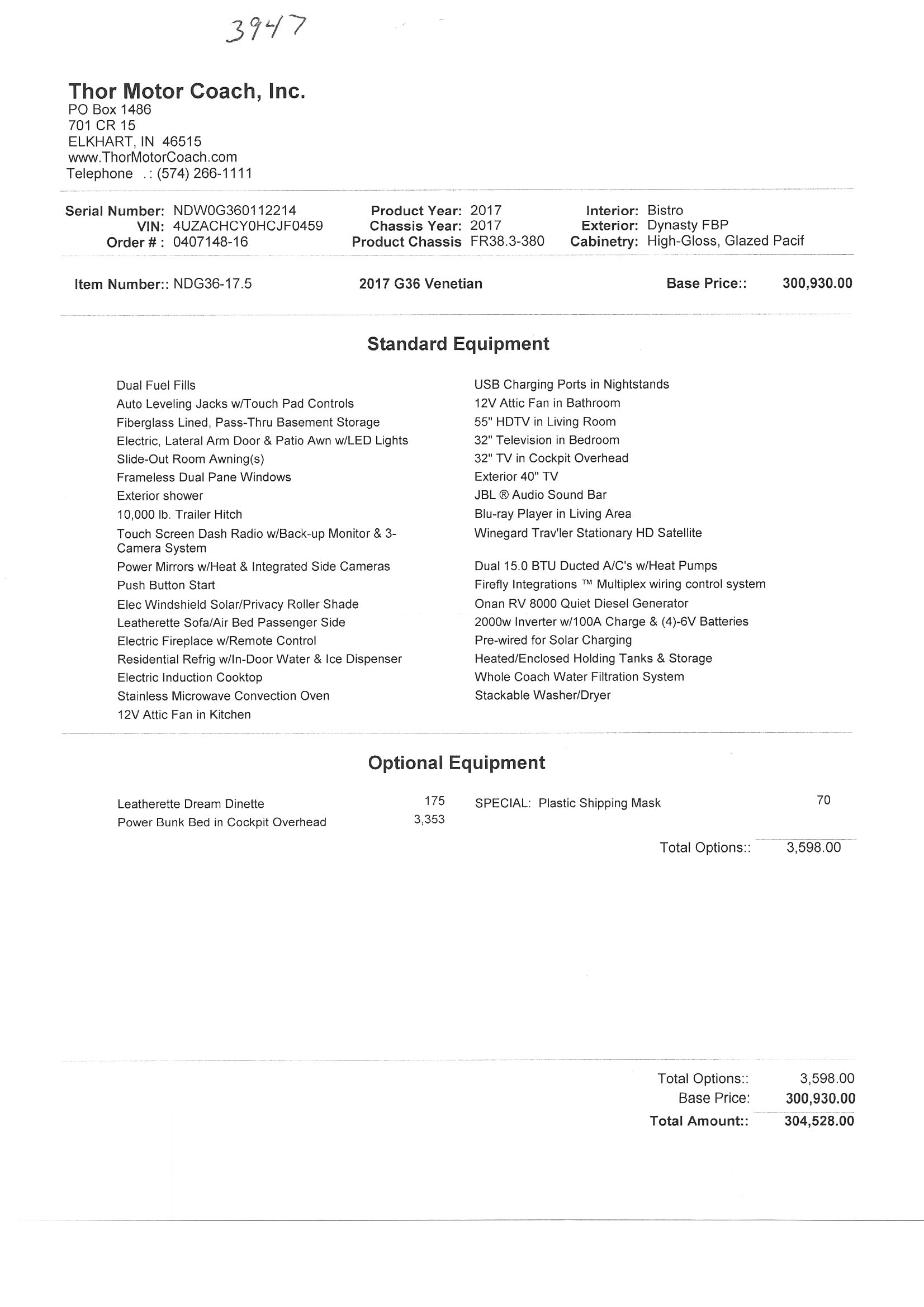 2017 Thor Venetian G36 MSRP Sheet