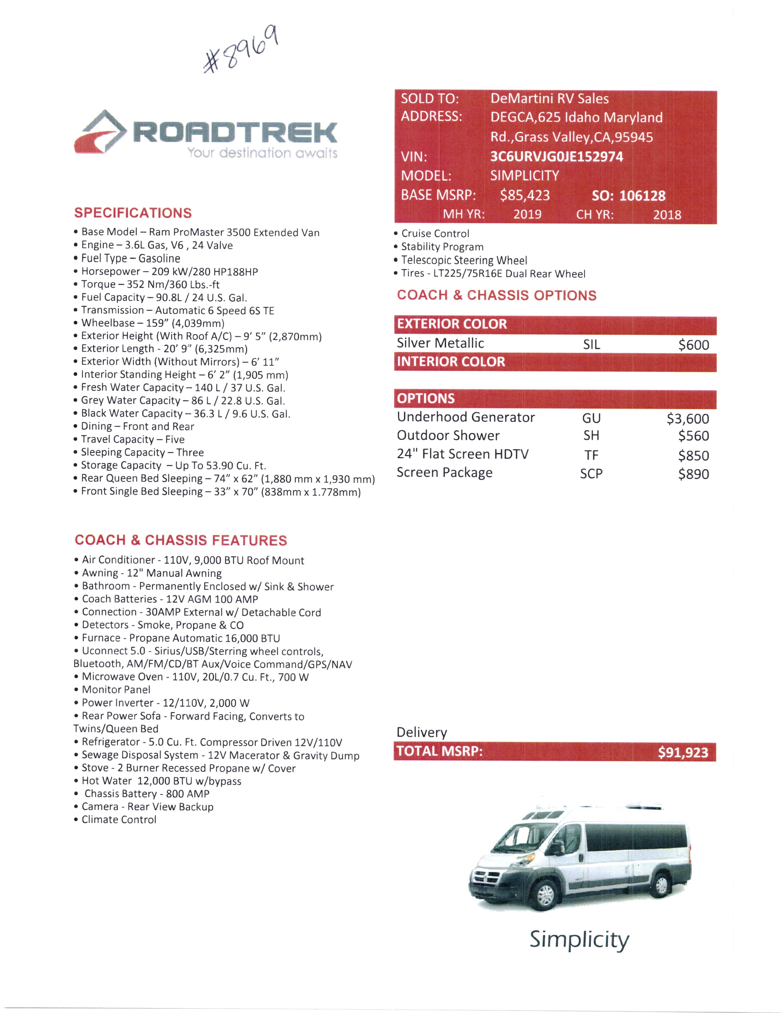 2019 Roadtrek Simplicity MSRP Sheet