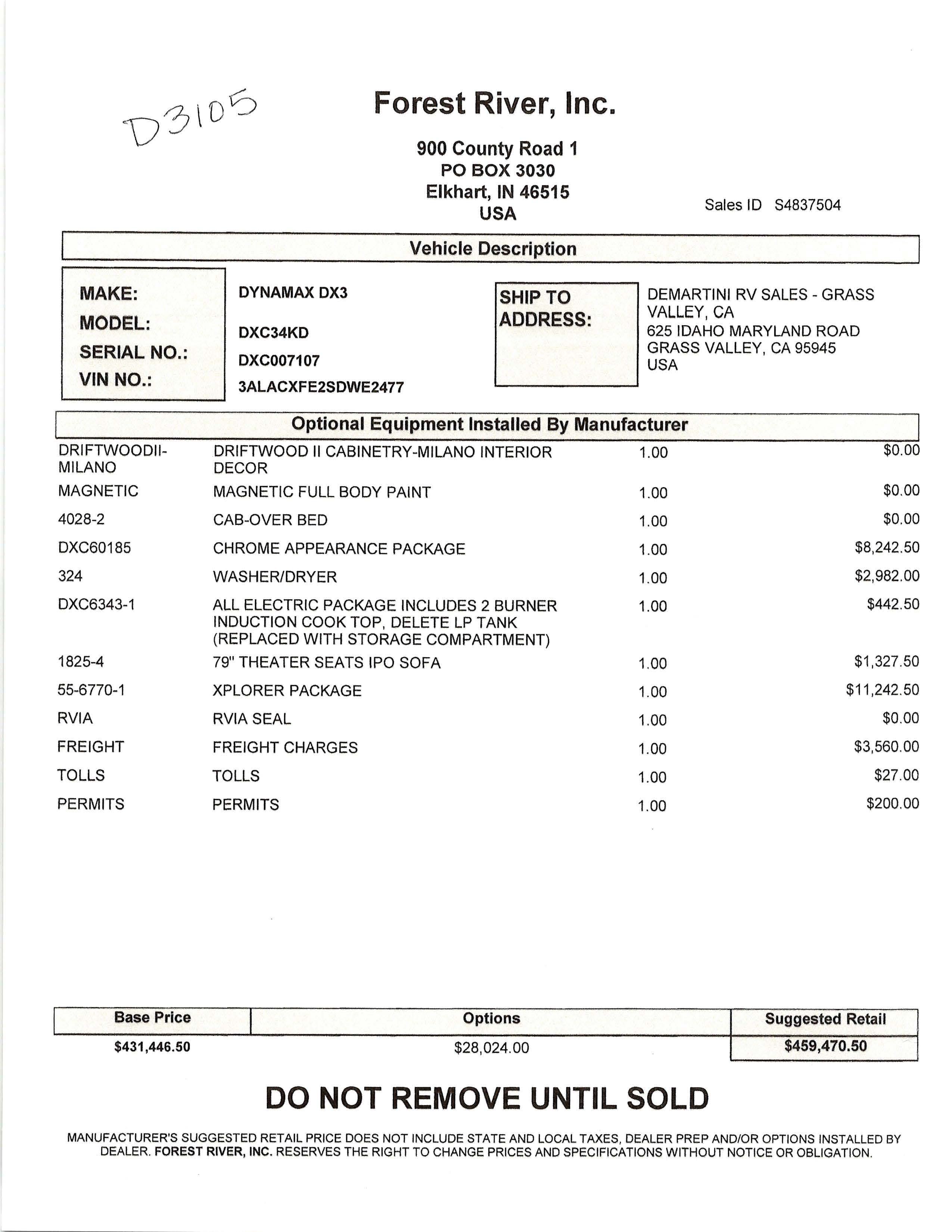 2026 Dynamax DX3 34KD MSRP Sheet