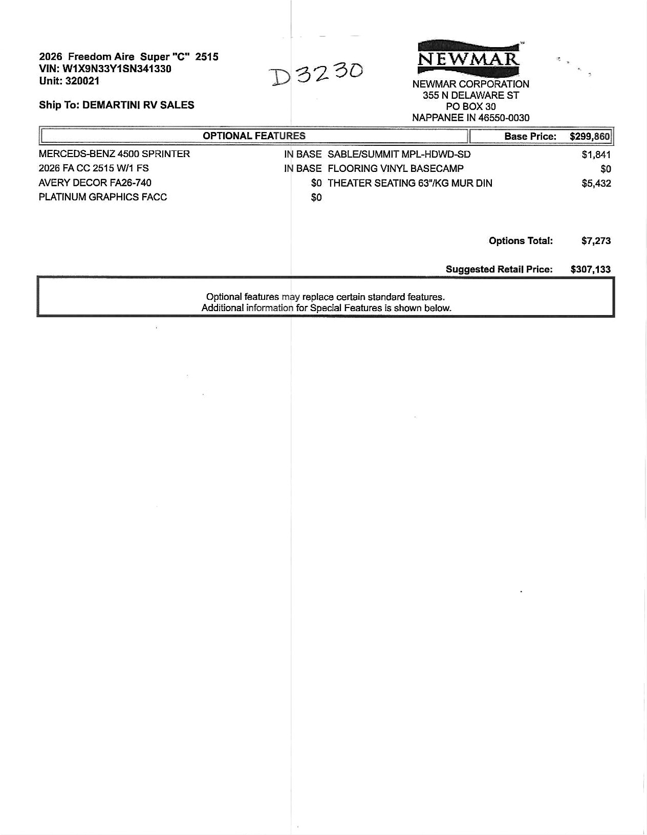 2026 Newmar Freedom Aire 2515 MSRP Sheet