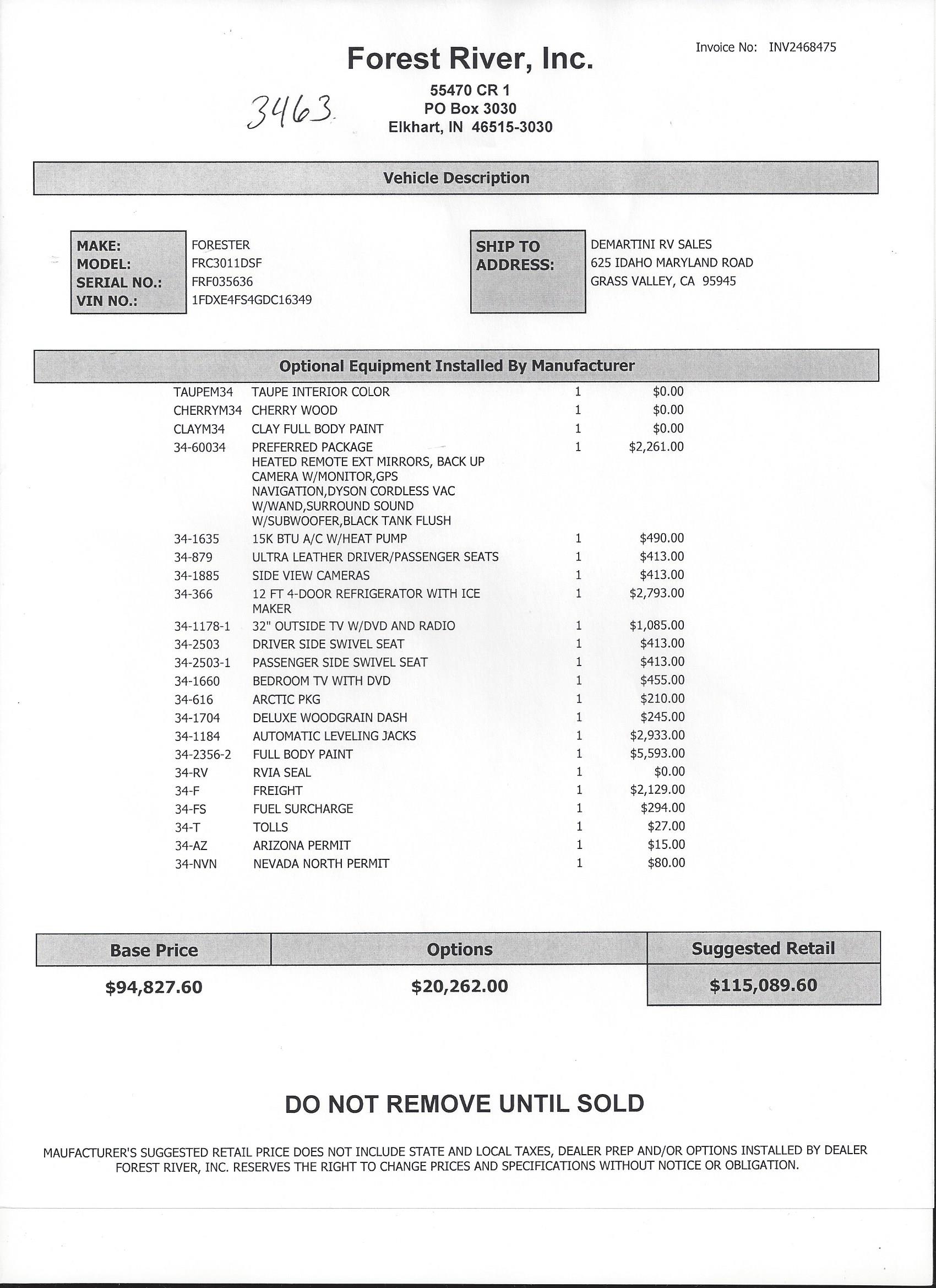 2016 Forest River Forester 3011DS MSRP Sheet