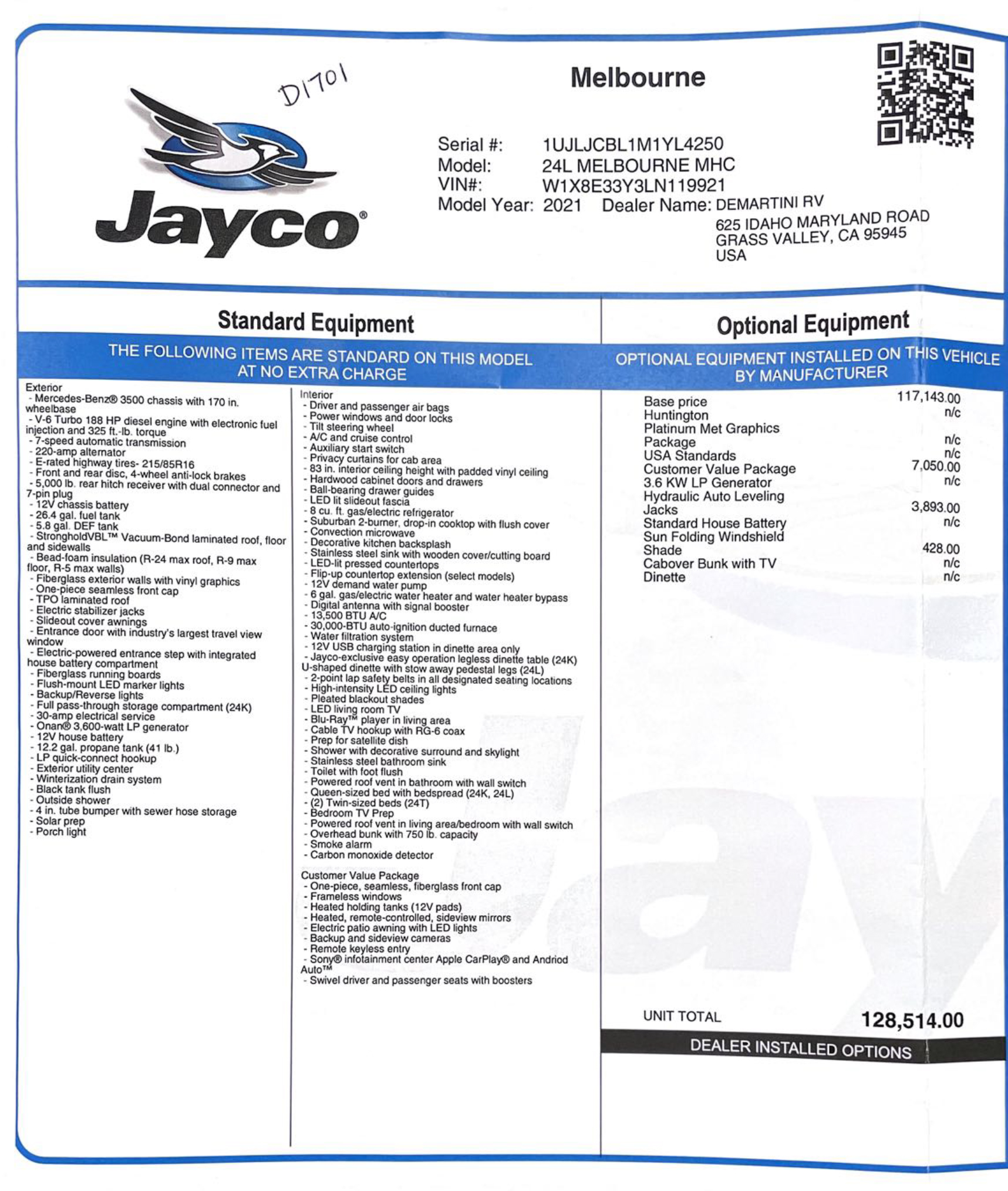 2021 Jayco Melbourne 24L MSRP Sheet