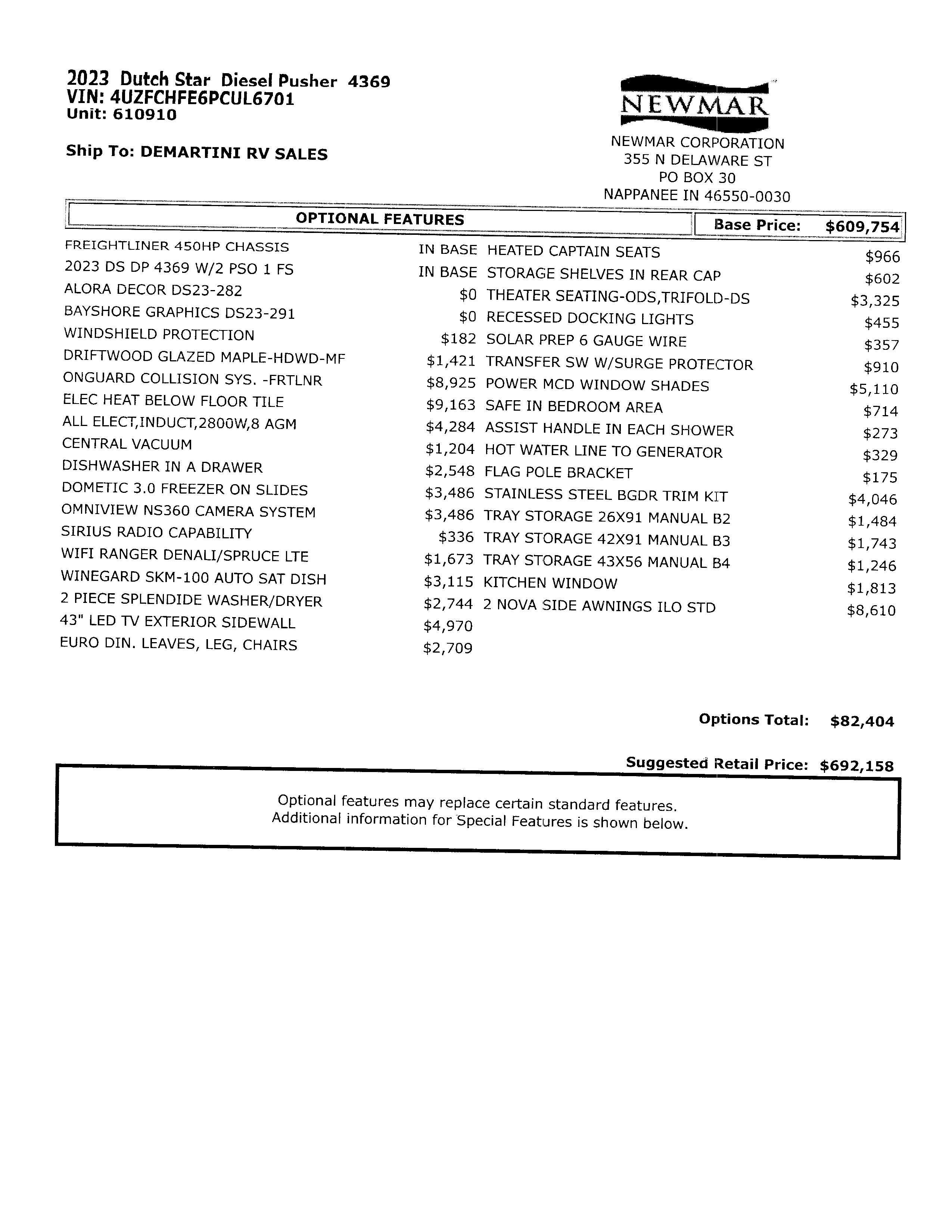 2023 Newmar Dutch Star 4369 MSRP Sheet