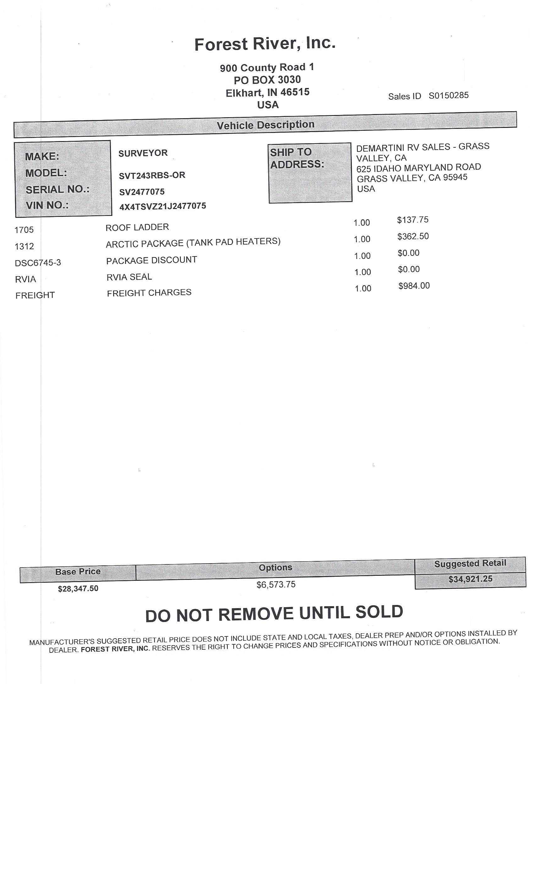 2018 Forest River Surveyor 243RB MSRP Sheet