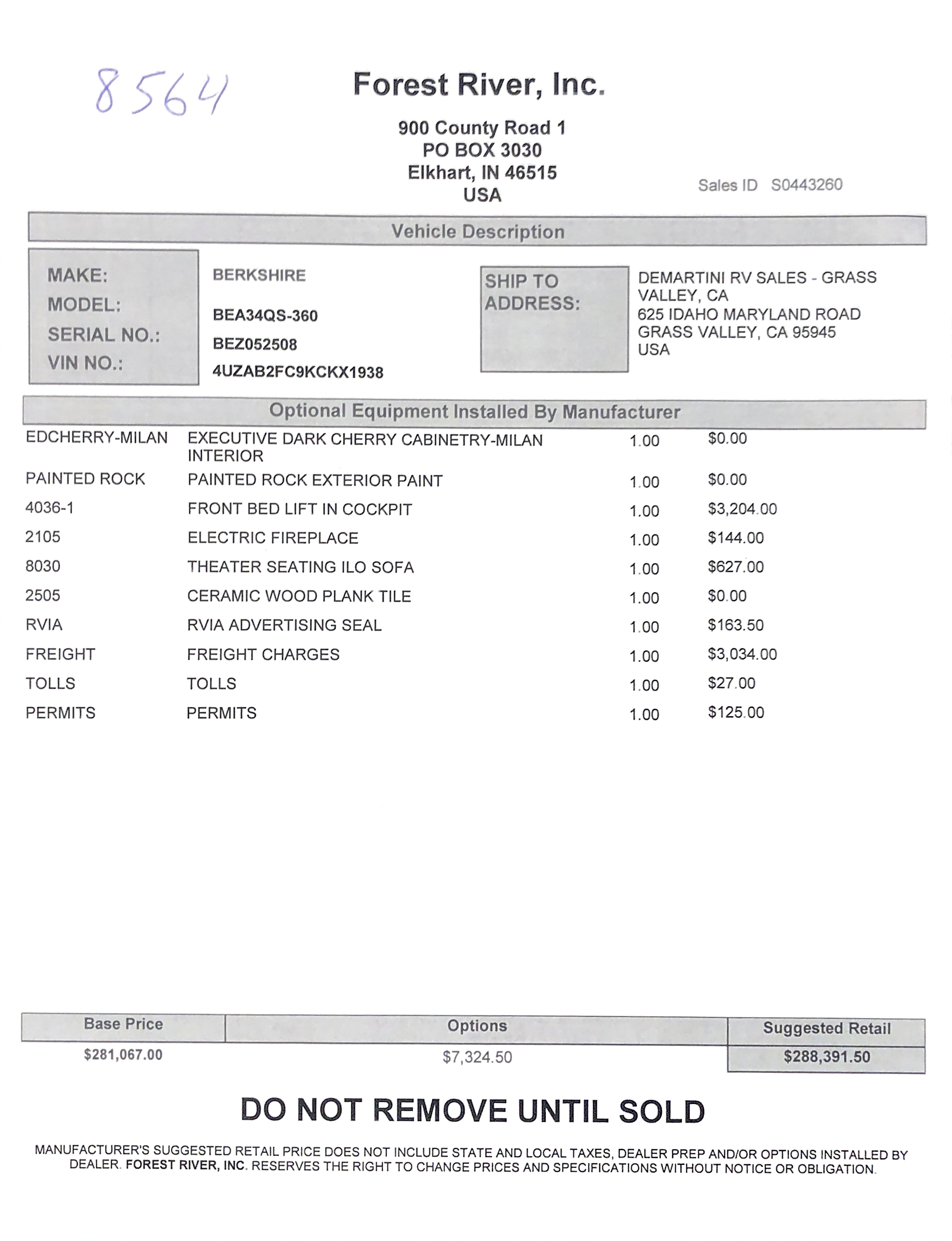 2019 Forest River Berkshire 34QS MSRP Sheet