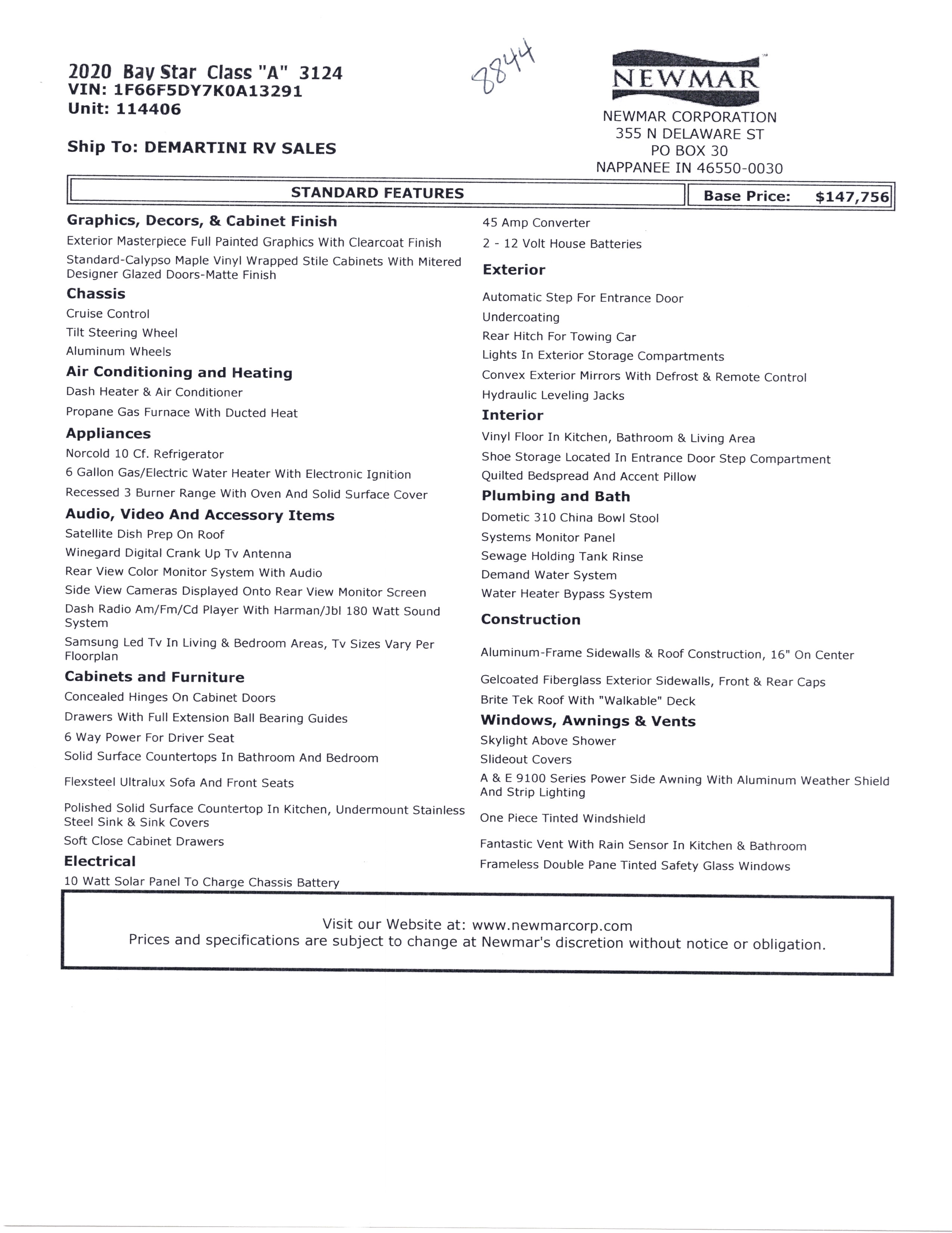 2020 Newmar Bay Star 3124 MSRP Sheet