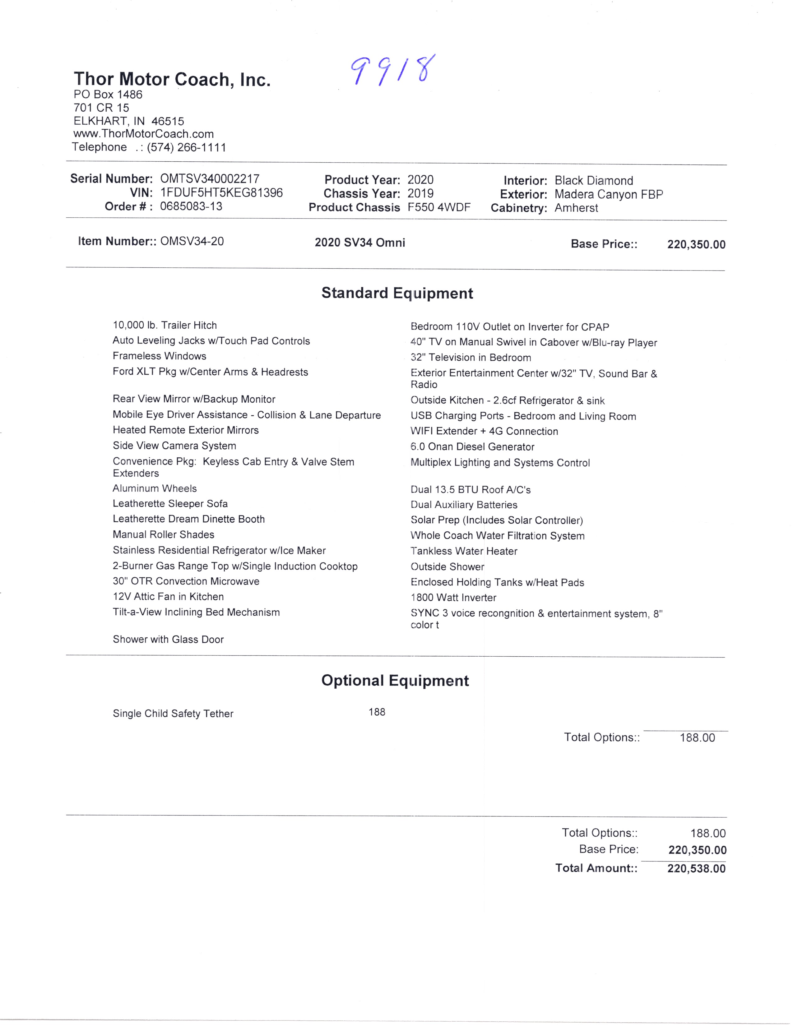 2020 Thor Omni 4x4 SV34 MSRP Sheet