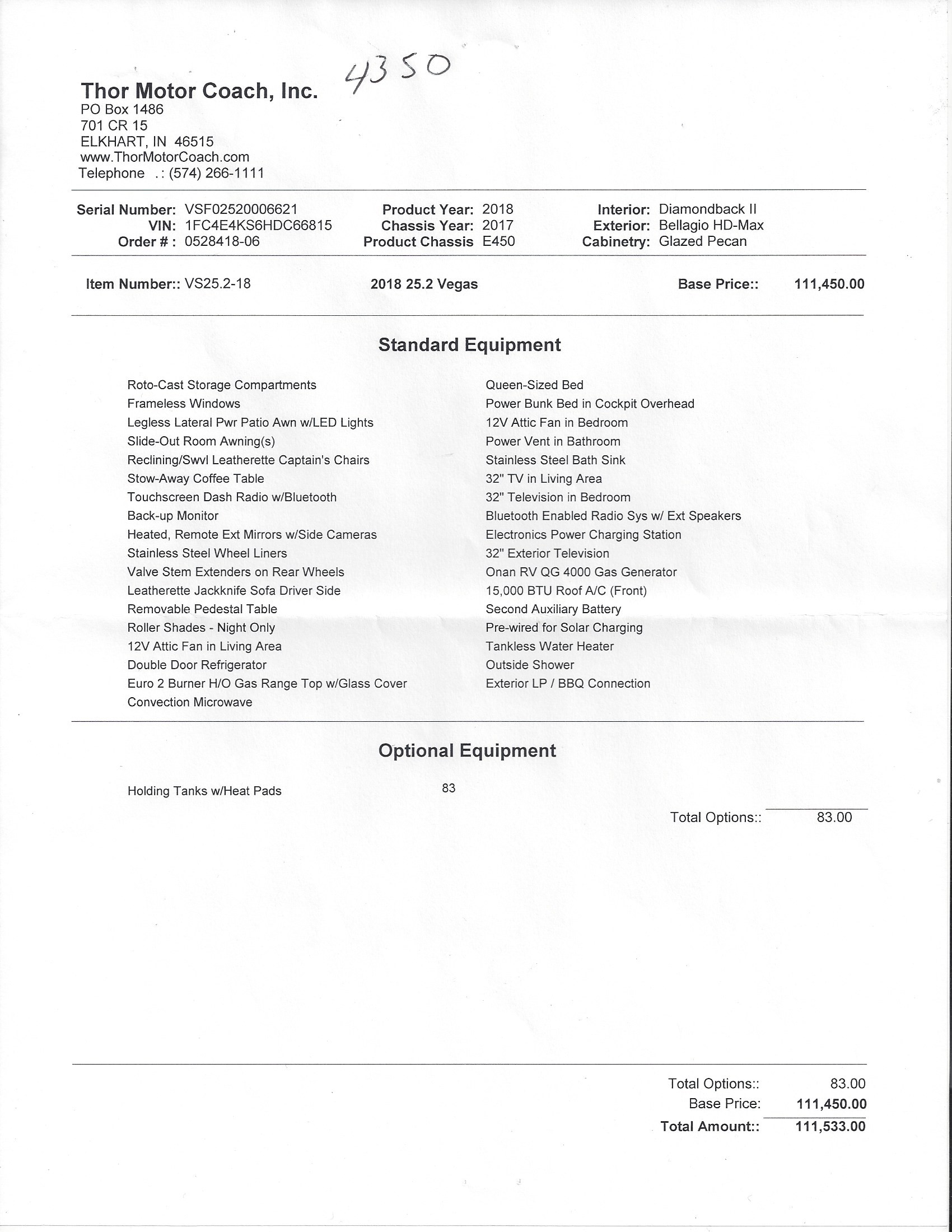 2018 Thor Vegas 25.2 MSRP Sheet