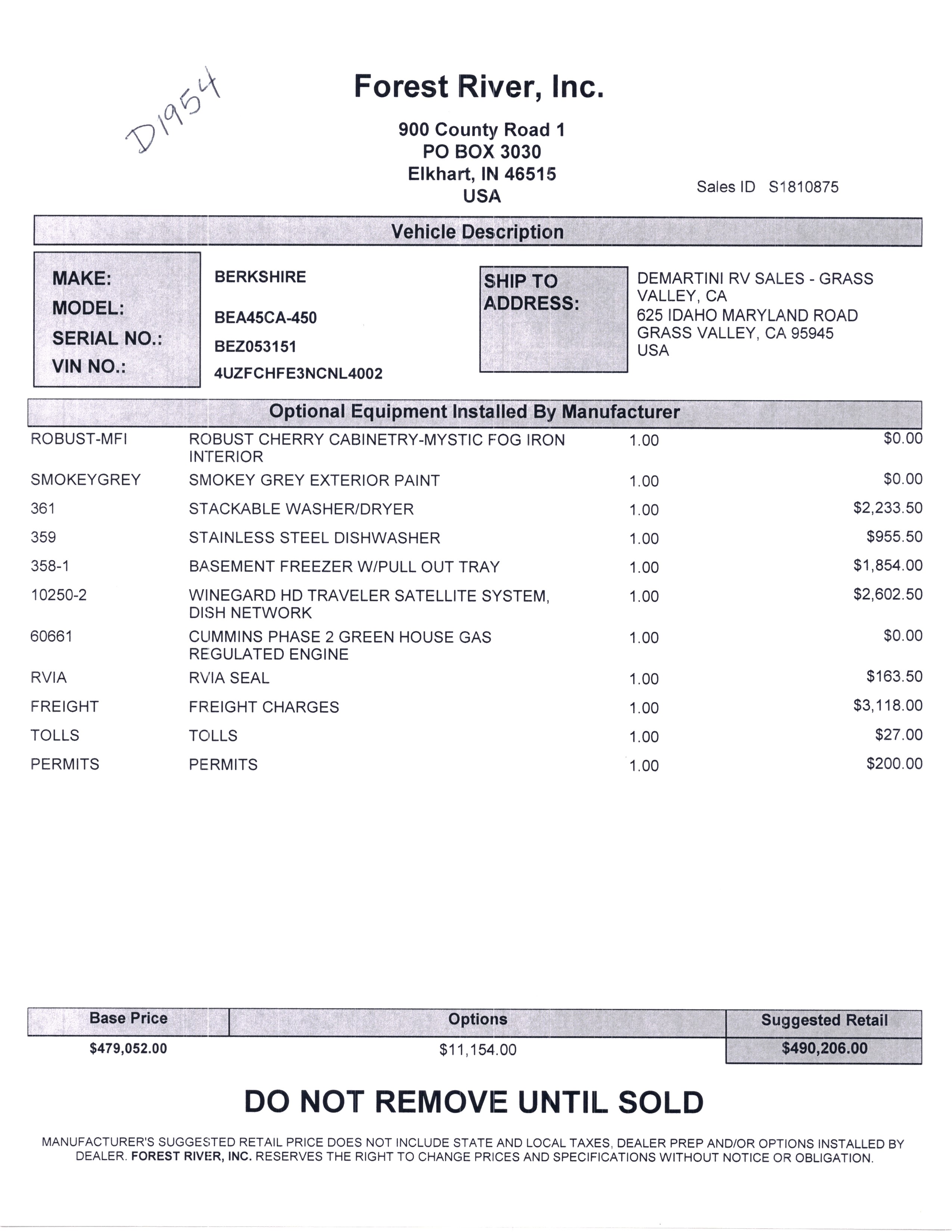 2021.5 Forest River Berkshire XLT 45CA MSRP Sheet