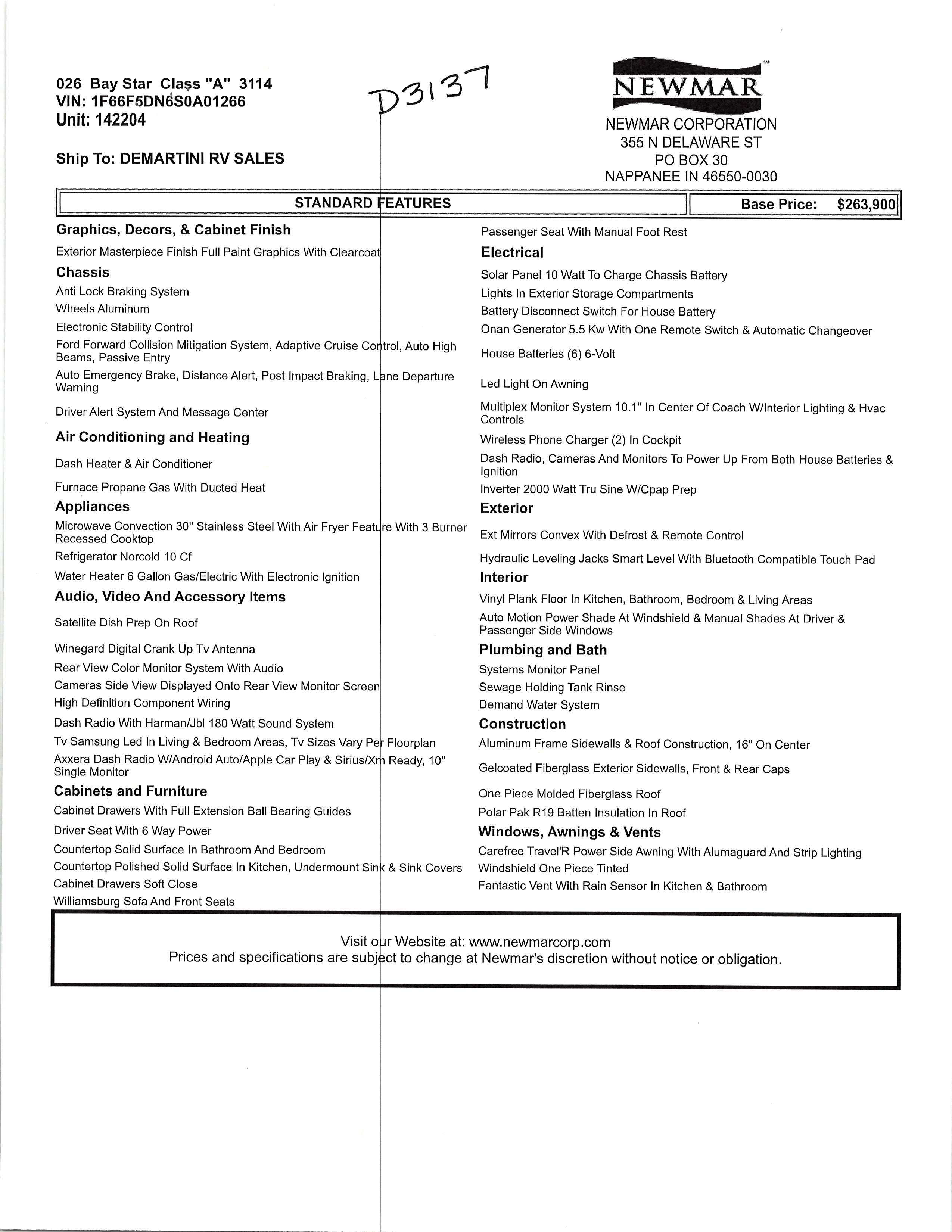 2026 Newmar Bay Star 3114 MSRP Sheet