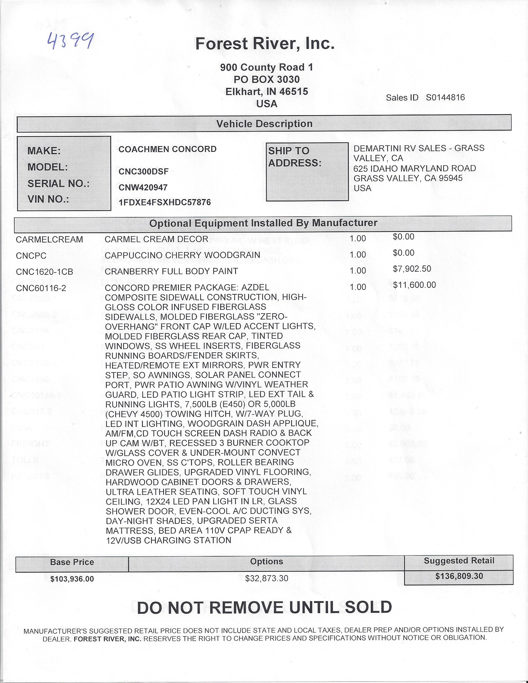 2018 Coachmen Concord 300DS MSRP Sheet