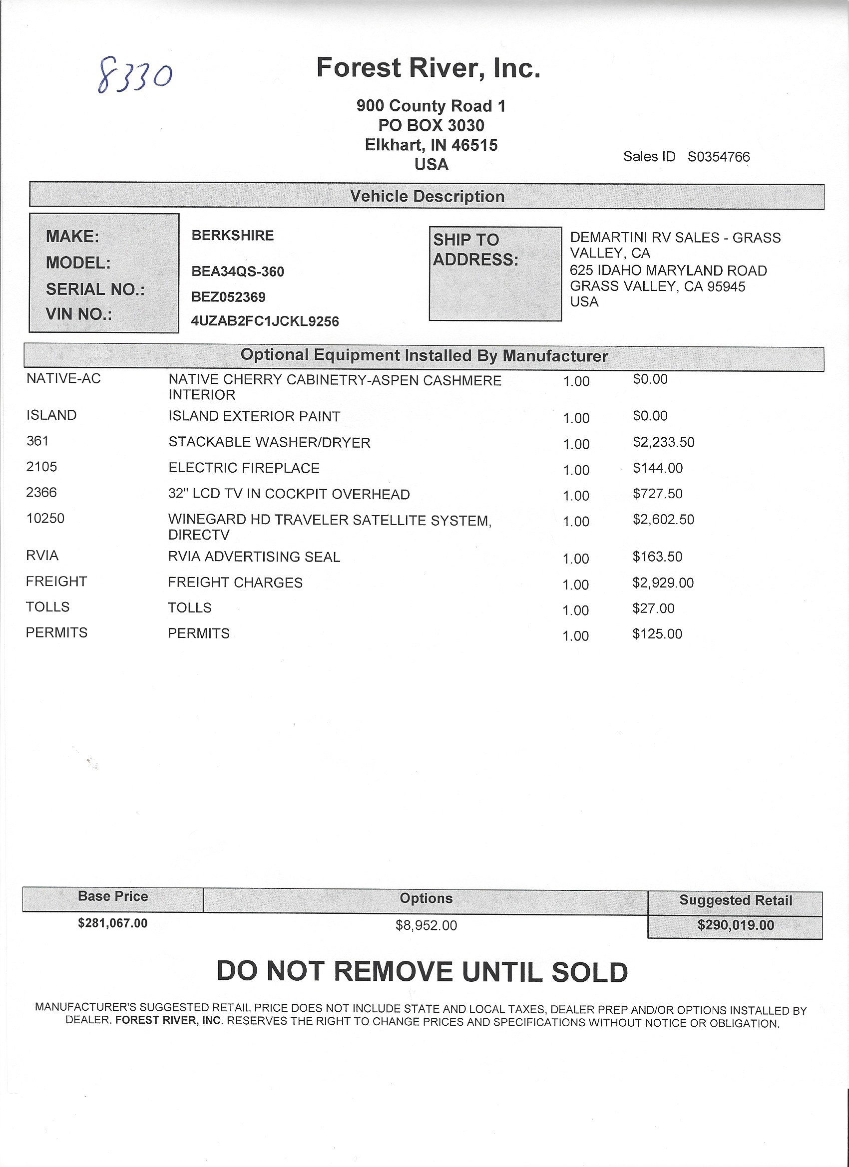 2019 Forest River Berkshire 34QS MSRP Sheet