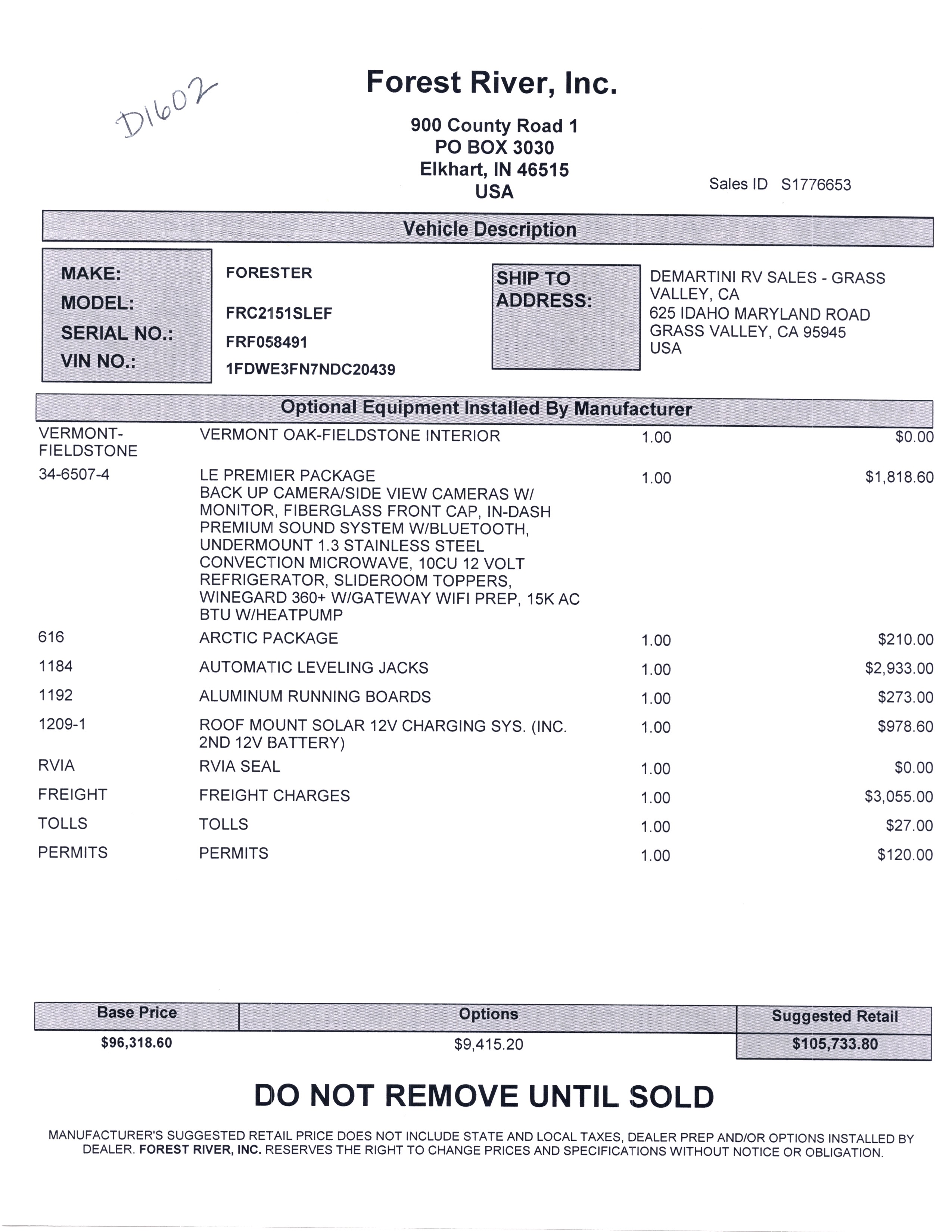 2022 Forest River Forester LE 2151SLE MSRP Sheet