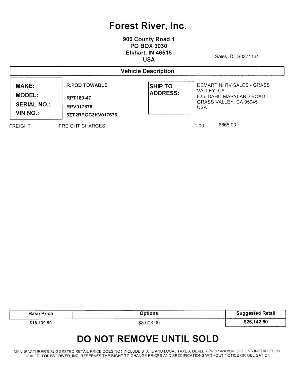 2019 Forest River R-Pod 180 MSRP Sheet