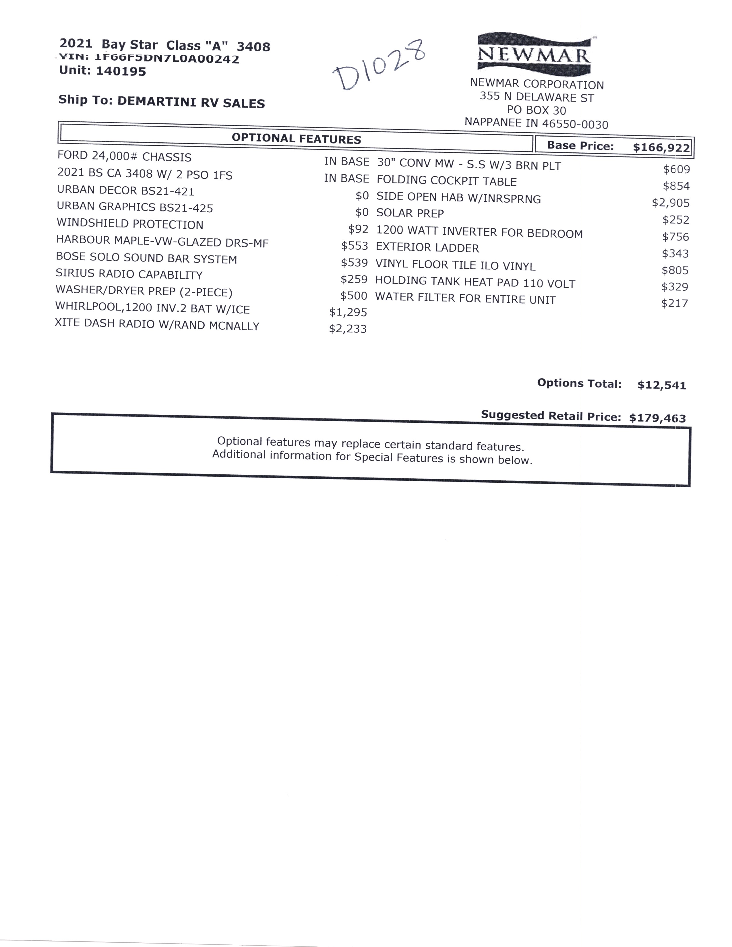 2021 Newmar Bay Star 3408 MSRP Sheet