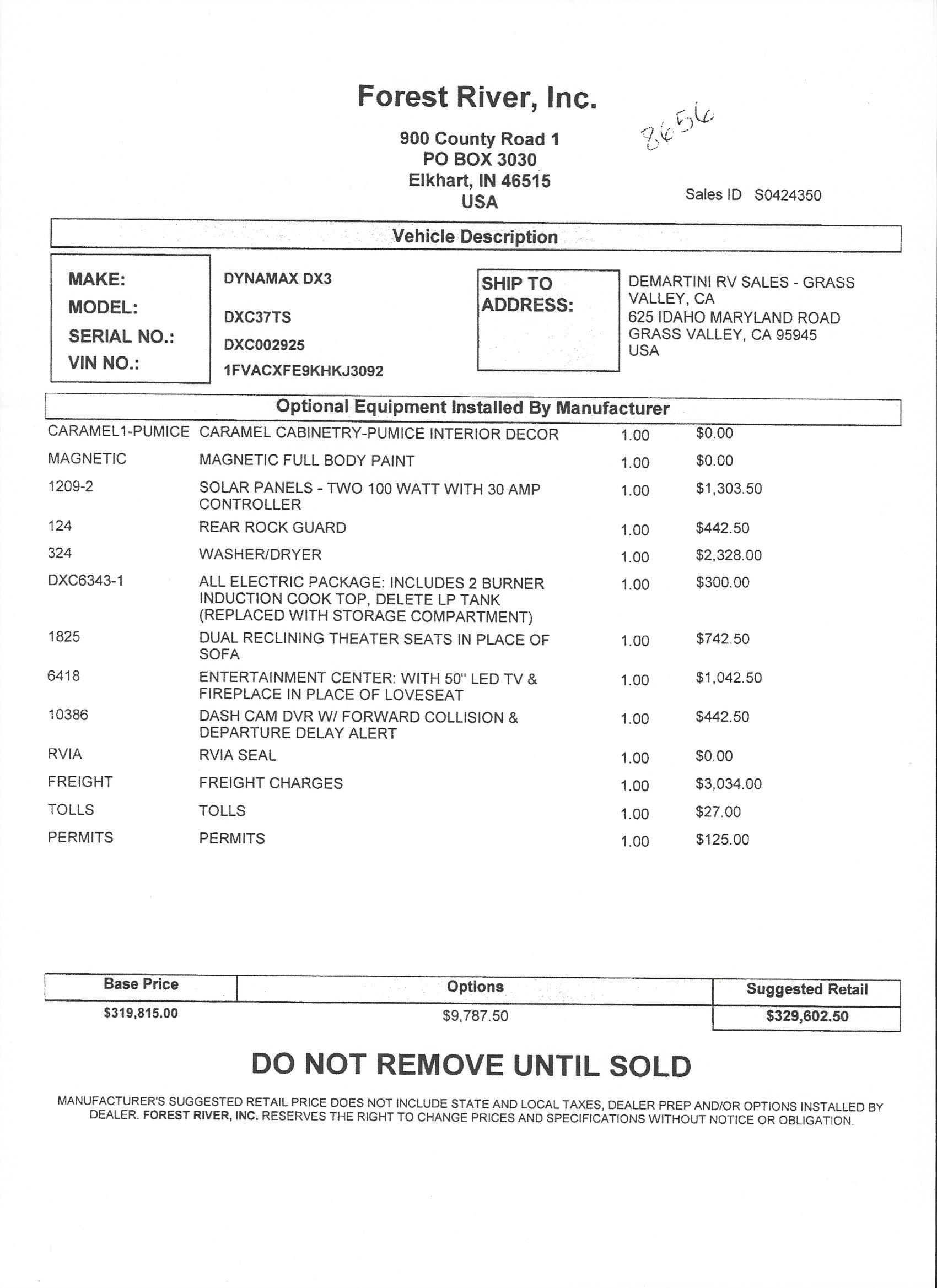 2019 Dynamax DX3 37TS MSRP Sheet
