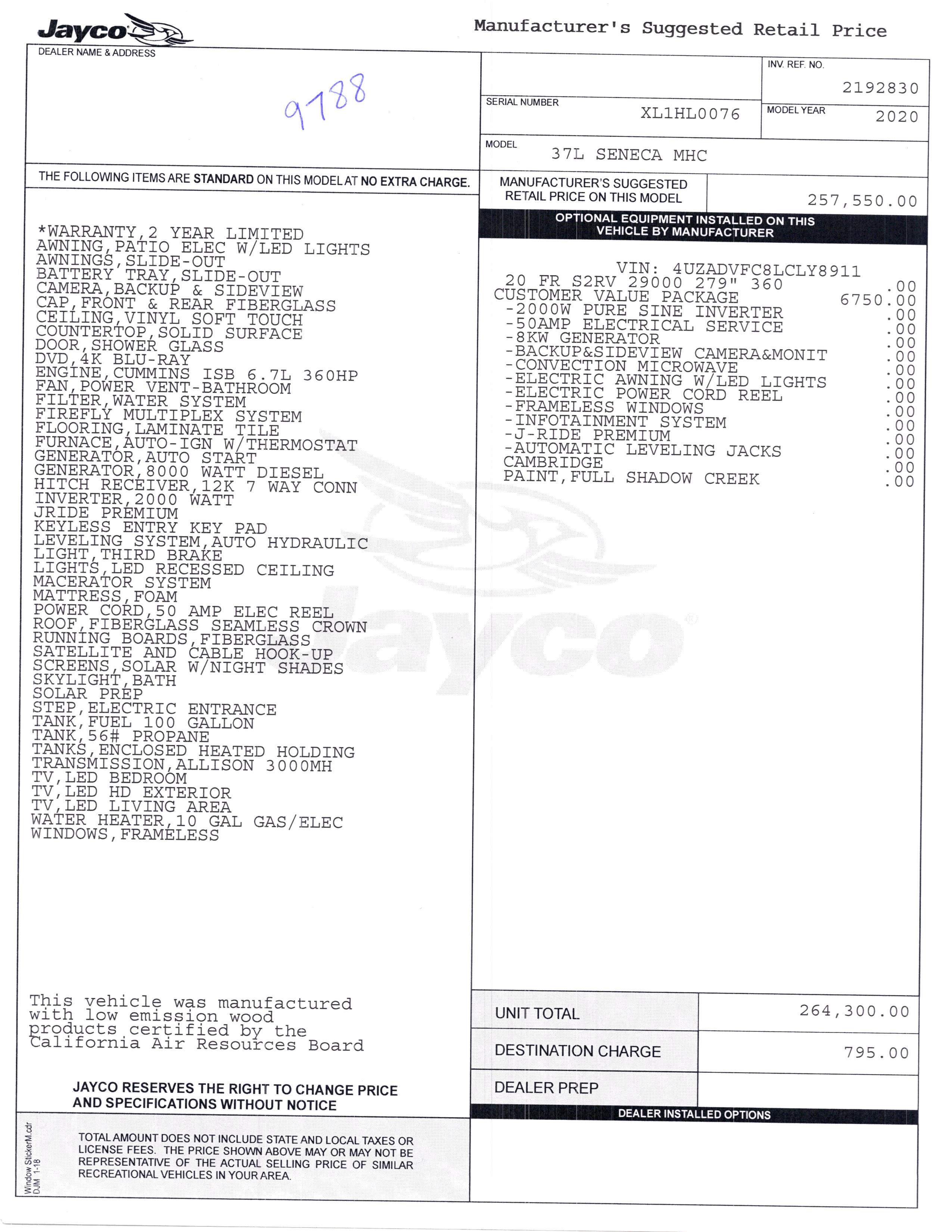 2020 Jayco Seneca 37L MSRP Sheet