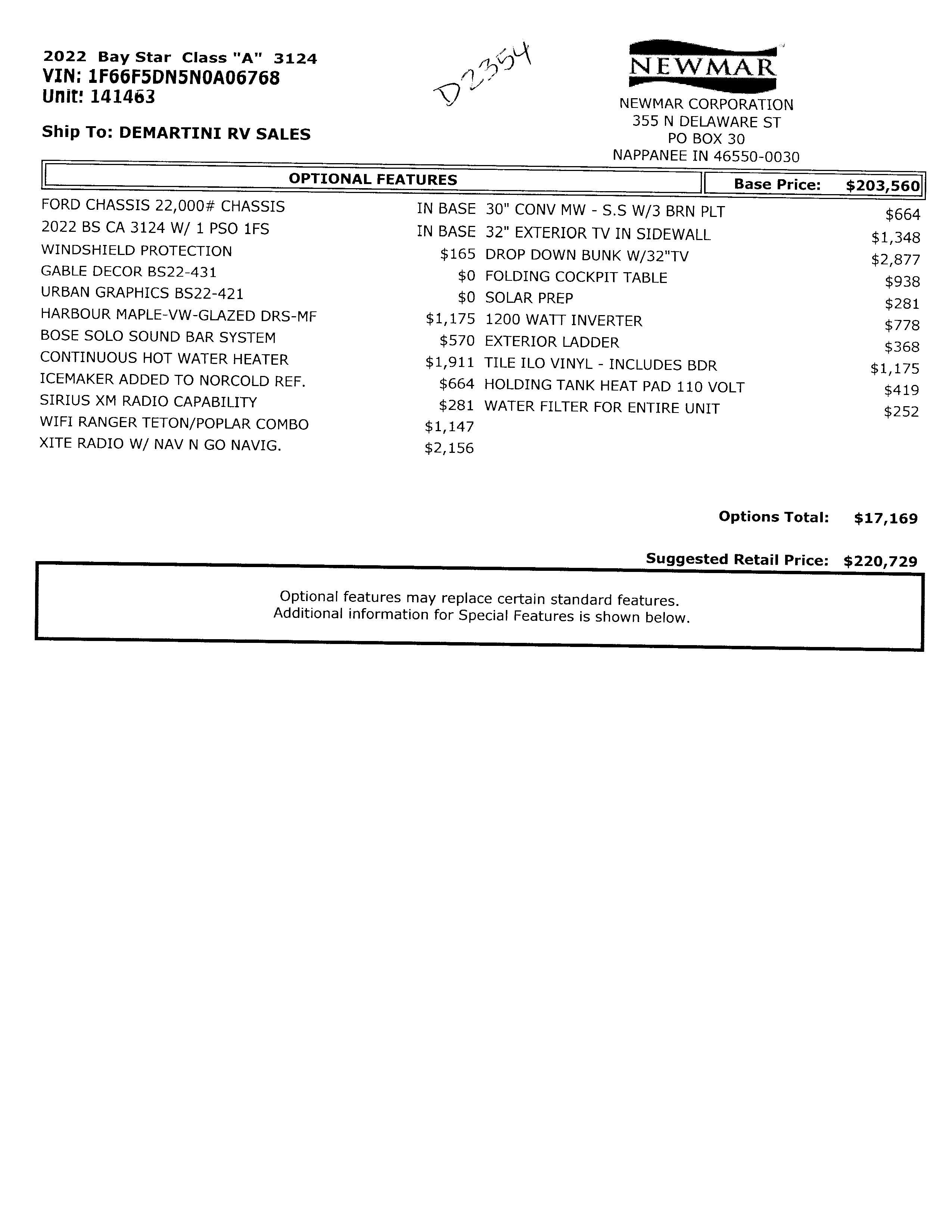 2022 Newmar Bay Star 3124 MSRP Sheet