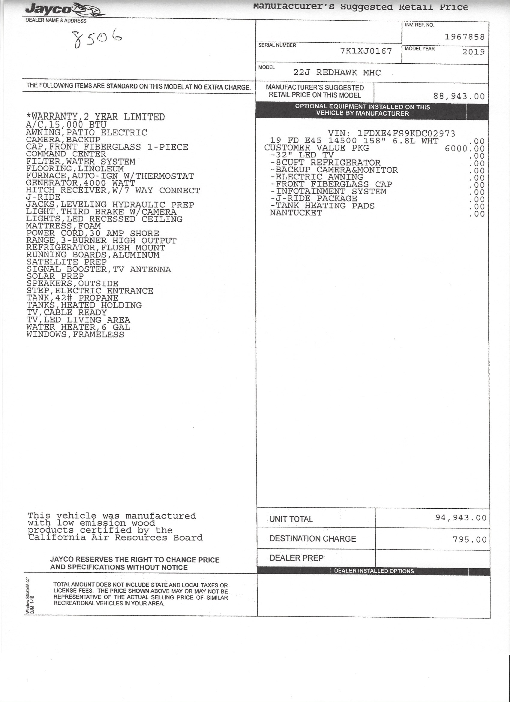 2019 Jayco Redhawk 22J MSRP Sheet